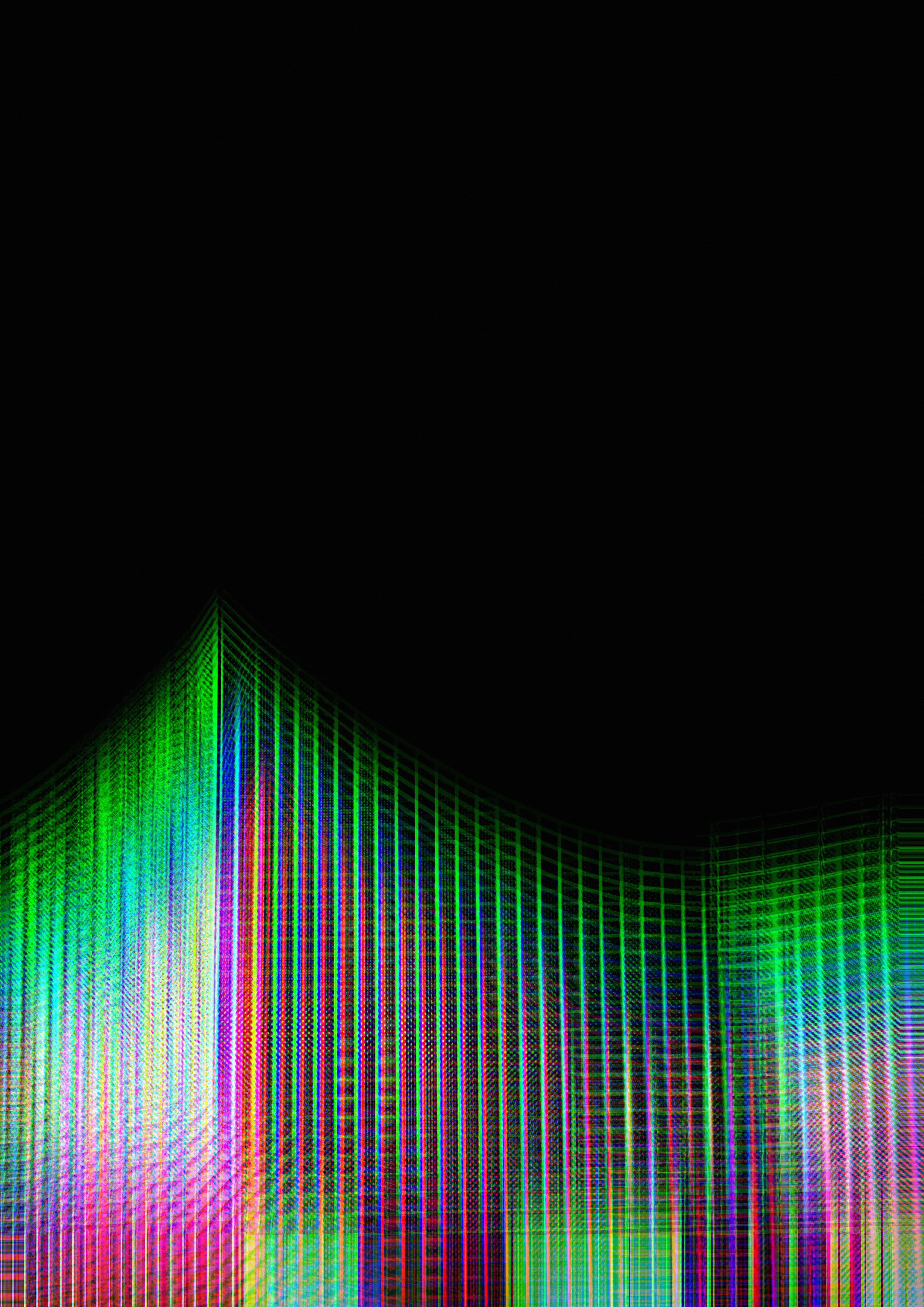 Abstract image with vertical neon lines in green, pink, blue, and yellow, tracing the silhouette of the Philharmonie Berlin against a black background.