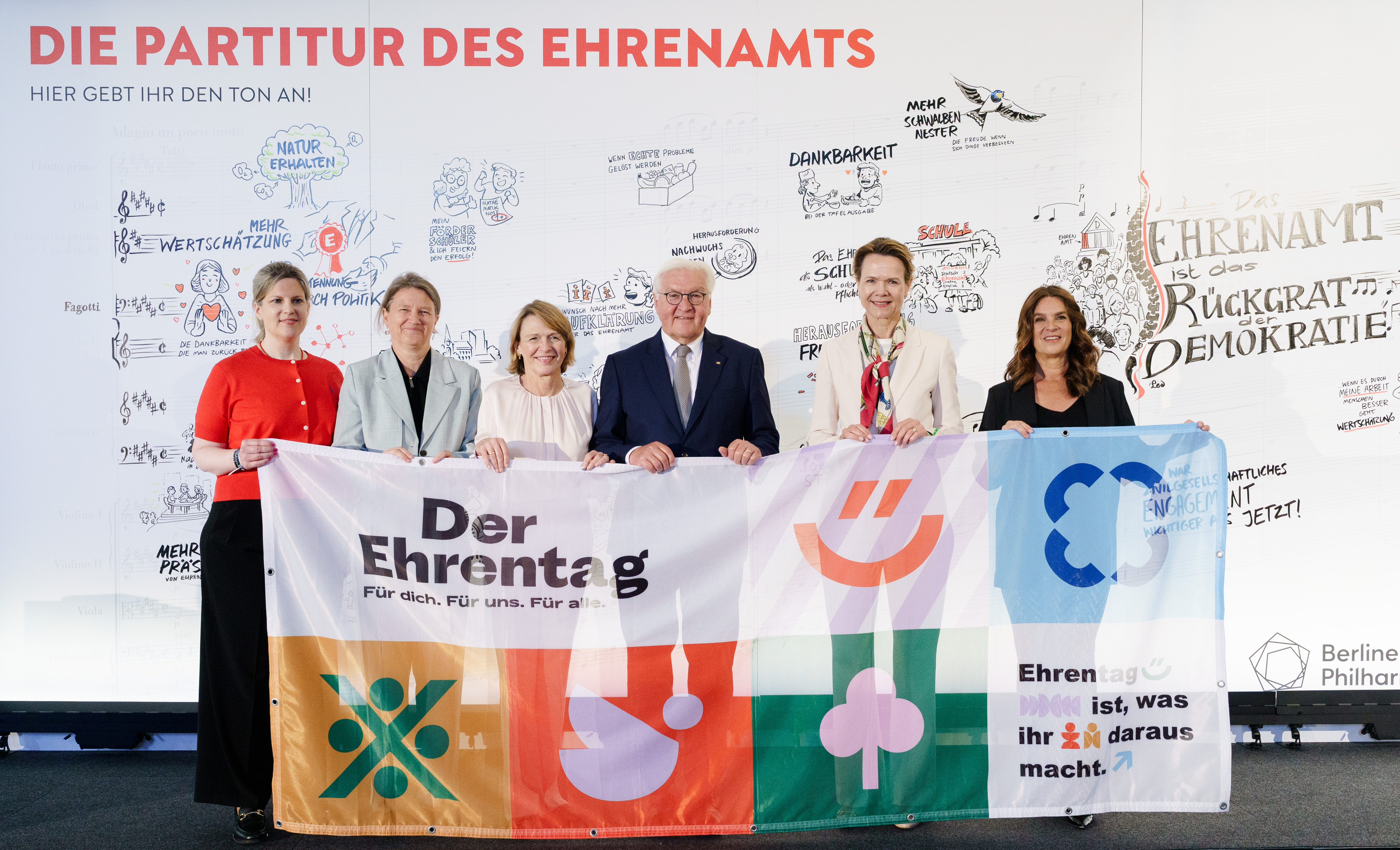 Sechs Personen stehen in einer Reihe und halten ein farbenfrohes Transparent mit deutschem Text, das in die Kamera lächelt. Hinter ihnen befindet sich ein weißer Bildhintergrund mit der Aufschrift »Die Partitur des Ehrenamts«.