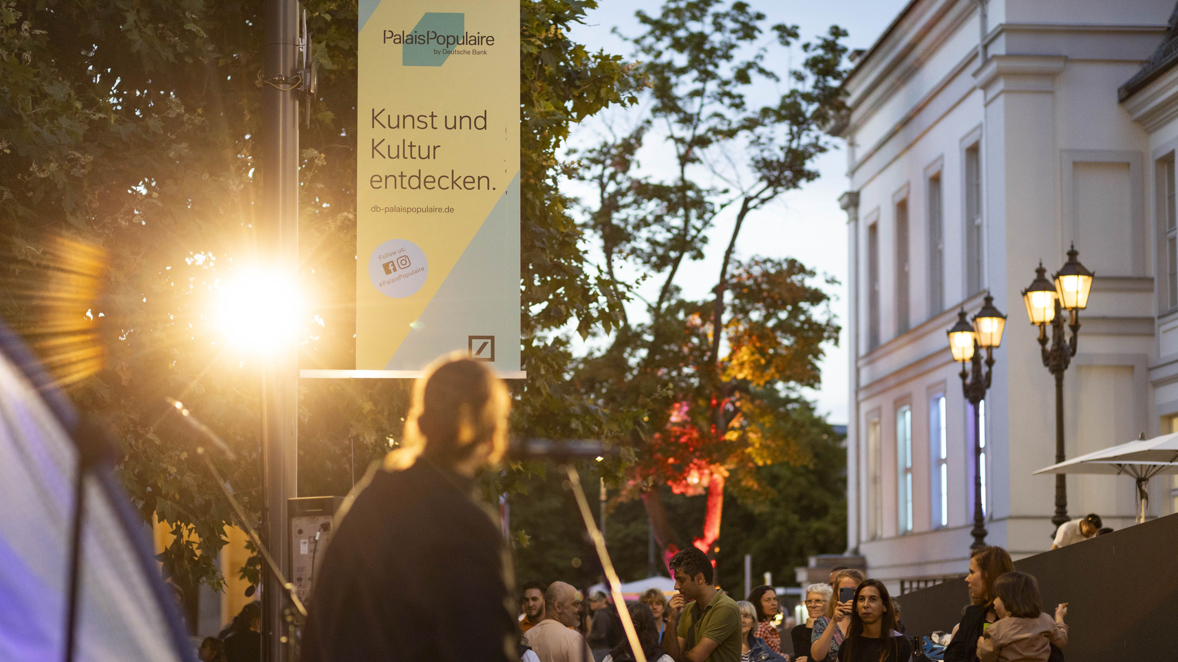 Scheinwerfer und Bäume, eine Musikerin von hinten, Publikum