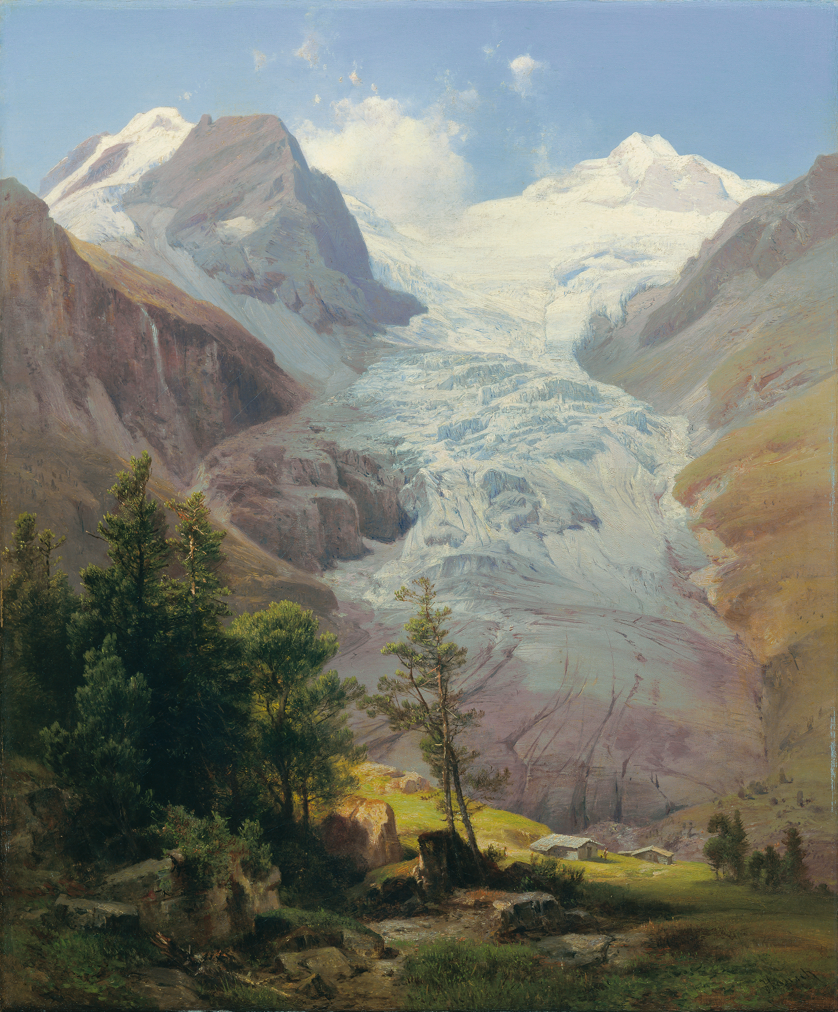 Gemälde des Gletschers Palü (um 1855) von Anton Hansch: Eine Hochgebirgslandschaft mit steilen Felsen, Gletscherzunge, grün bewaldeten Berghängen im Vordergrund und einem teilweise wolkenverhüllten Gipfel im Hintergrund.