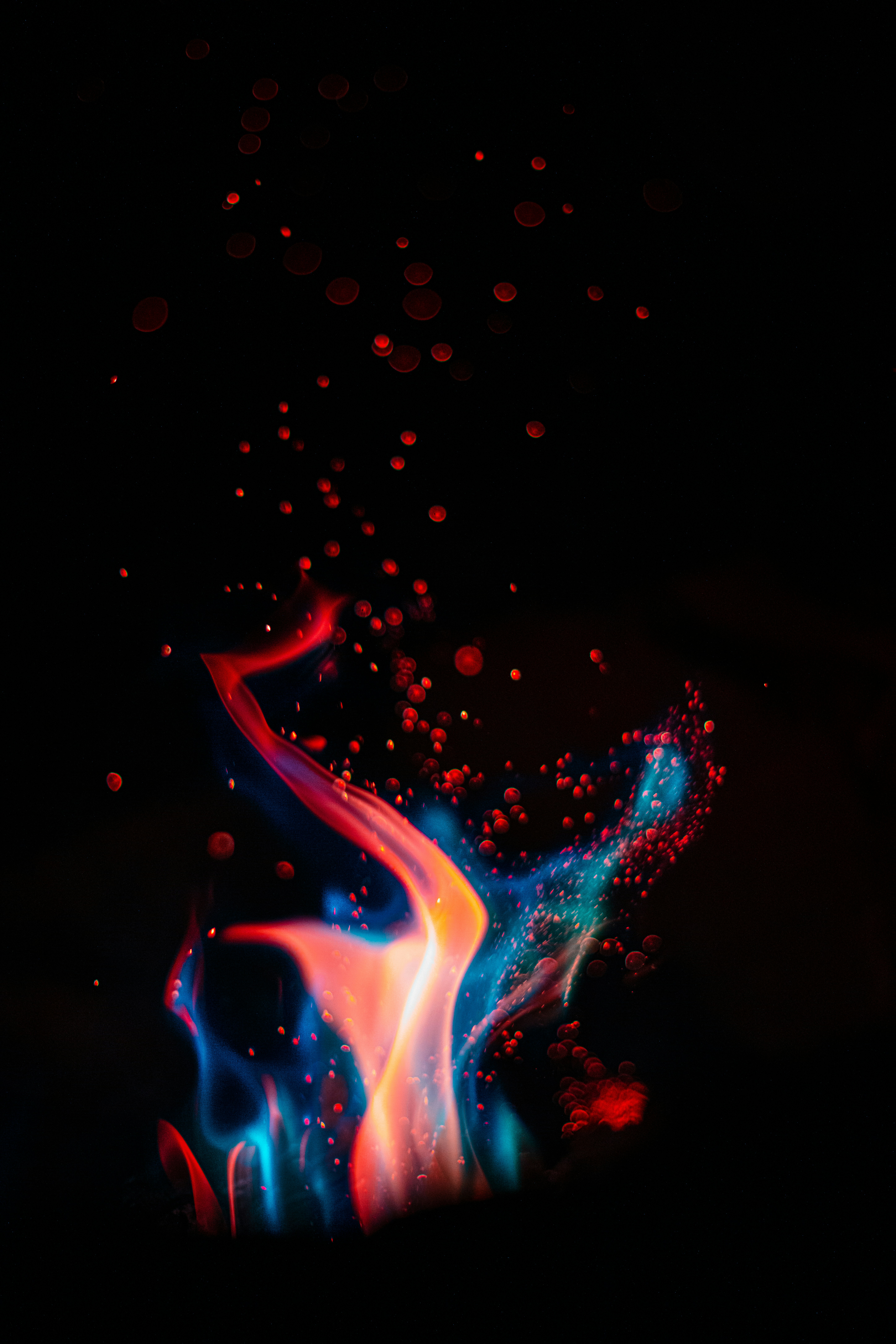 Blaue und orangefarbene Flammen mit leuchtend roten Funken erheben sich vor einem schwarzen Hintergrund und schaffen eine dynamische Mischung aus feurigen Farben und glühenden Partikeln.