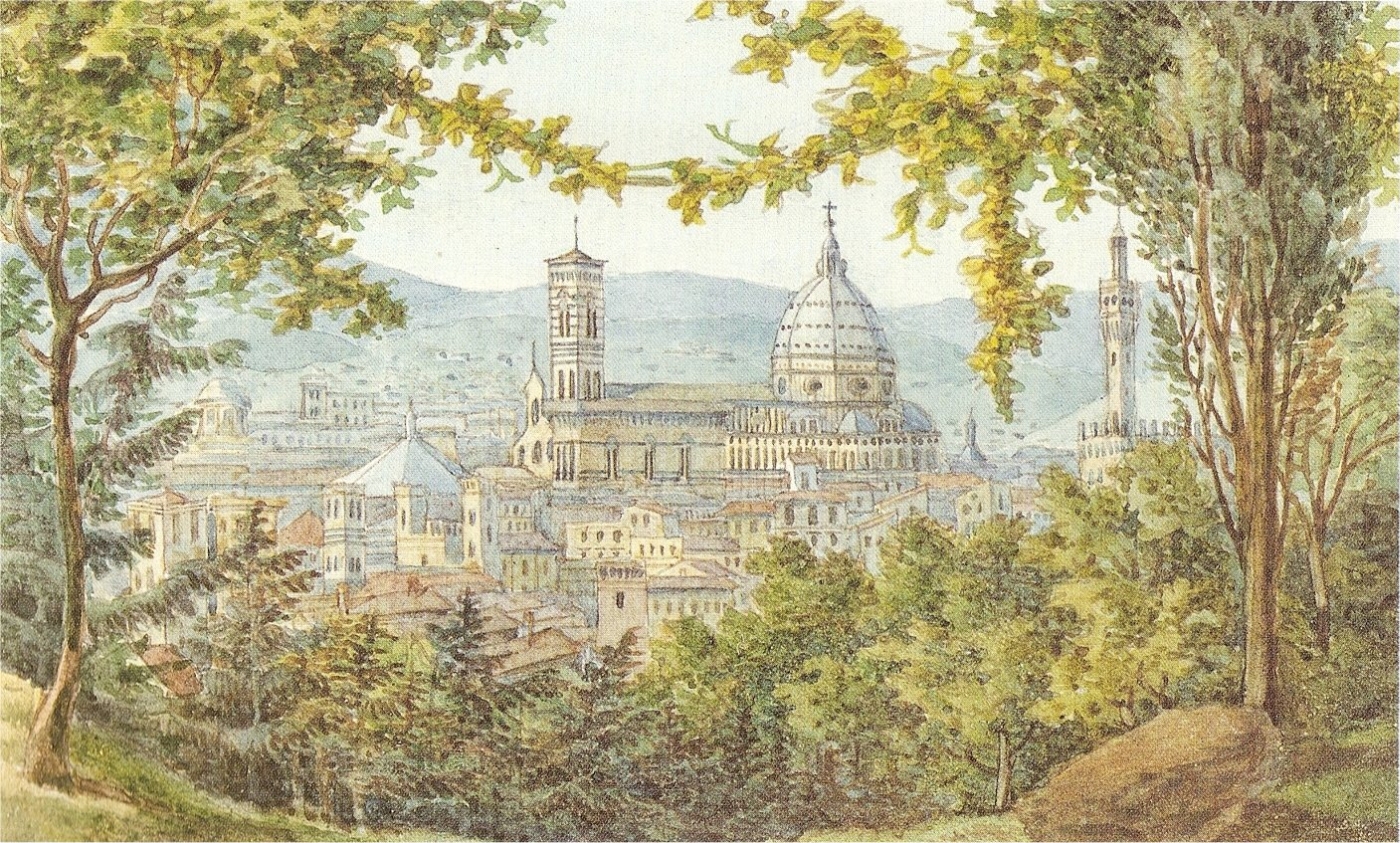 A view of a historic city with a large domed cathedral, towers, and rooftops, framed by trees and greenery in the foreground, with mountains in the background.
