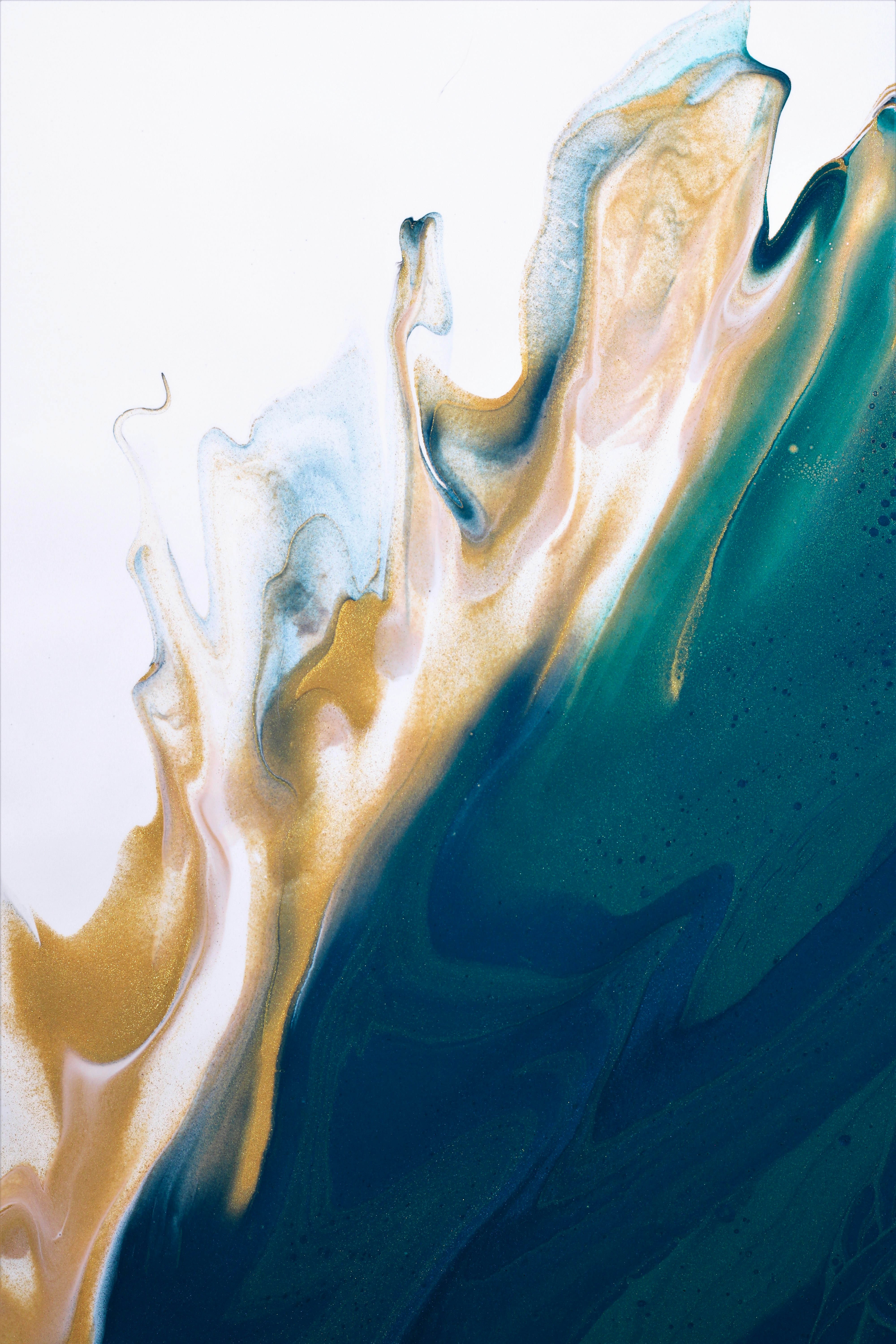 Abstract painting featuring flowing swirls of turquoise, gold and white that run diagonally across the canvas, creating a dynamic, wave-like effect with flowing, organic shapes and soft transitions.