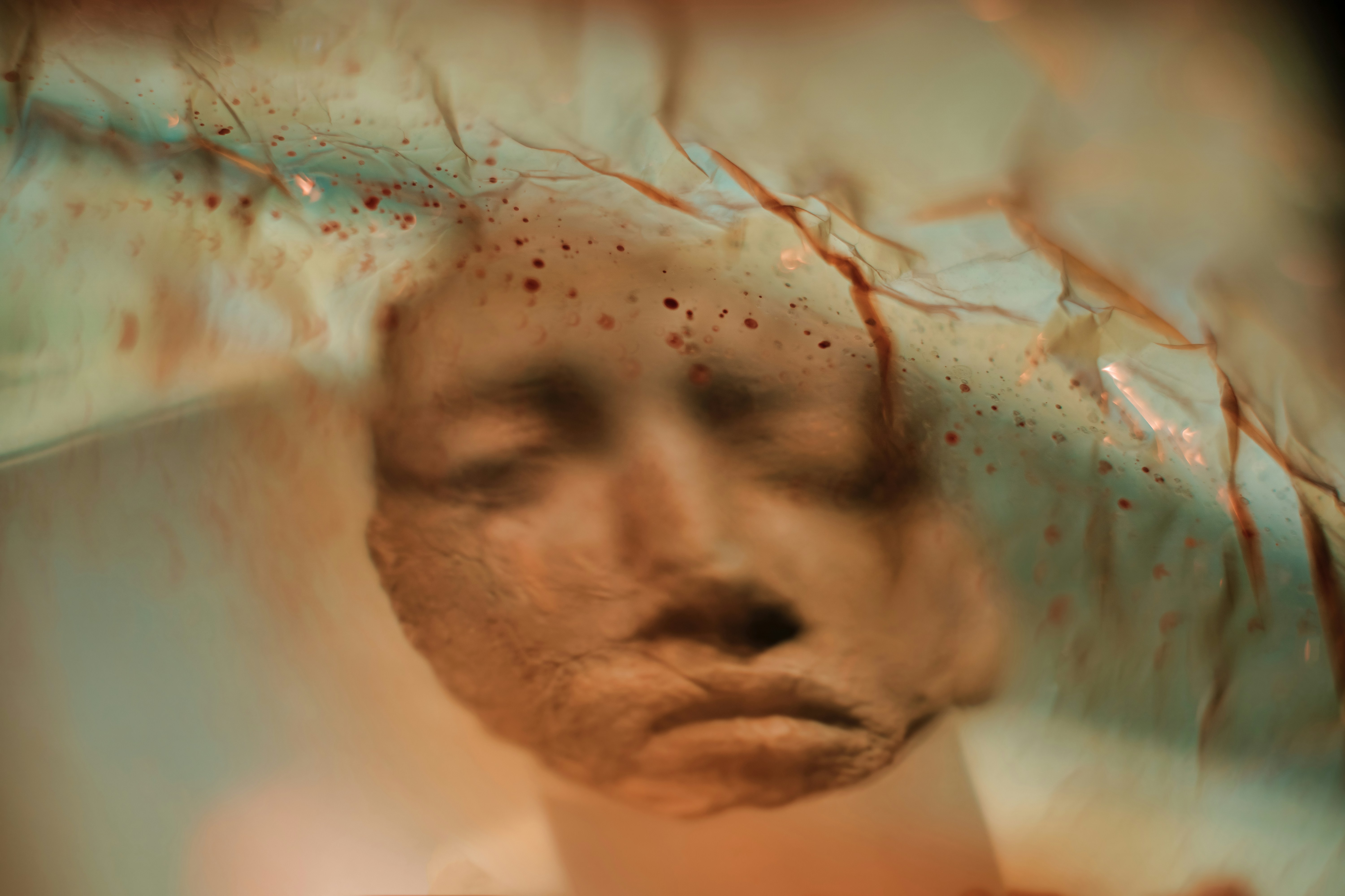 A blurred, somber clay face is seen through a translucent, cracked surface with red streaks and spots, creating an eerie and dreamlike atmosphere. The background is soft green and orange.