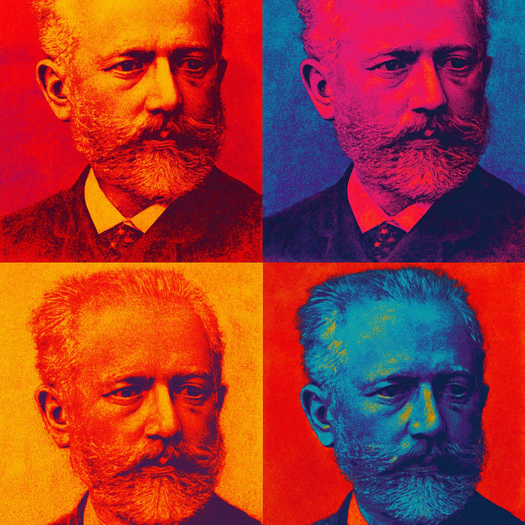 Ein Bild im Pop-Art-Stil, auf dem derselbe bärtige Mann viermal wiederholt erscheint, jeweils in einer anderen kräftigen Farbgebung: Rot, Blau, Orange und Gelb, wobei jedes Porträt einen kontrastierenden Hintergrund aufweist.