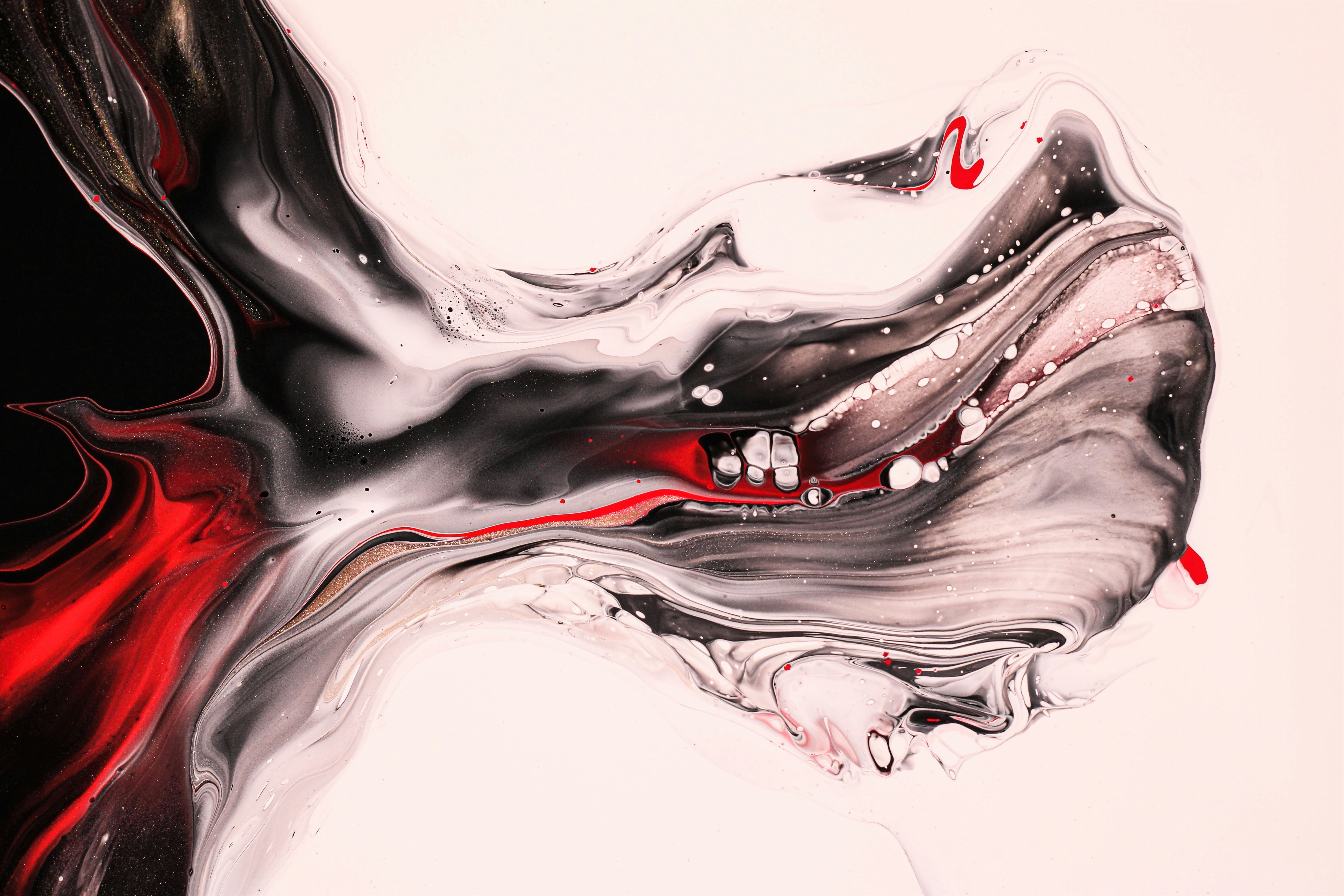 Abstract painting with swirling black, white, and red colors resembling a flowing, fish-like shape on a light background. The fluid patterns create dynamic movement and contrast.