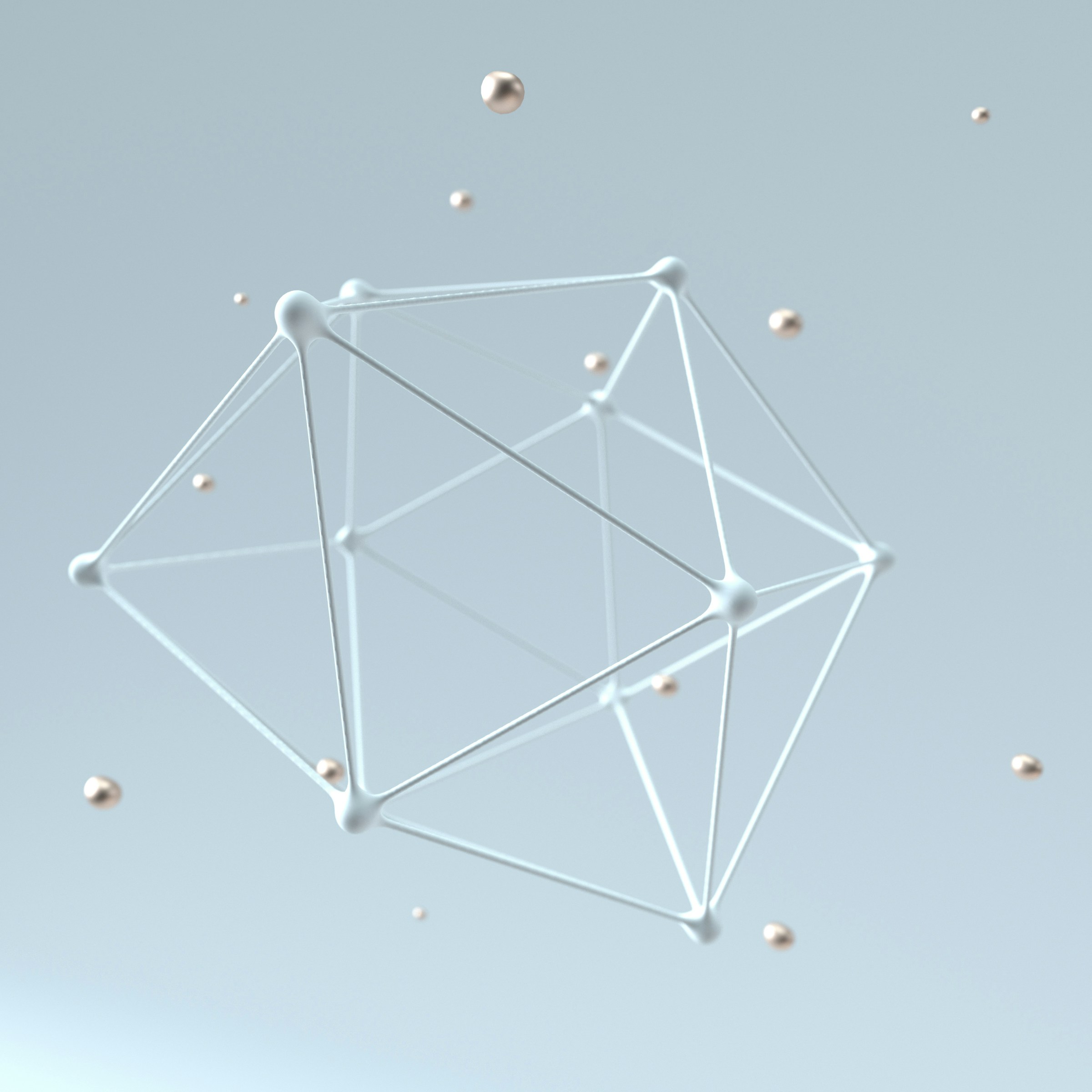 Eine weiße geometrische Form im Drahtgitter-Stil schwebt in der Luft, umgeben von mehreren kleinen, glänzenden, metallischen Kugeln vor einem hellgrauen Hintergrund.