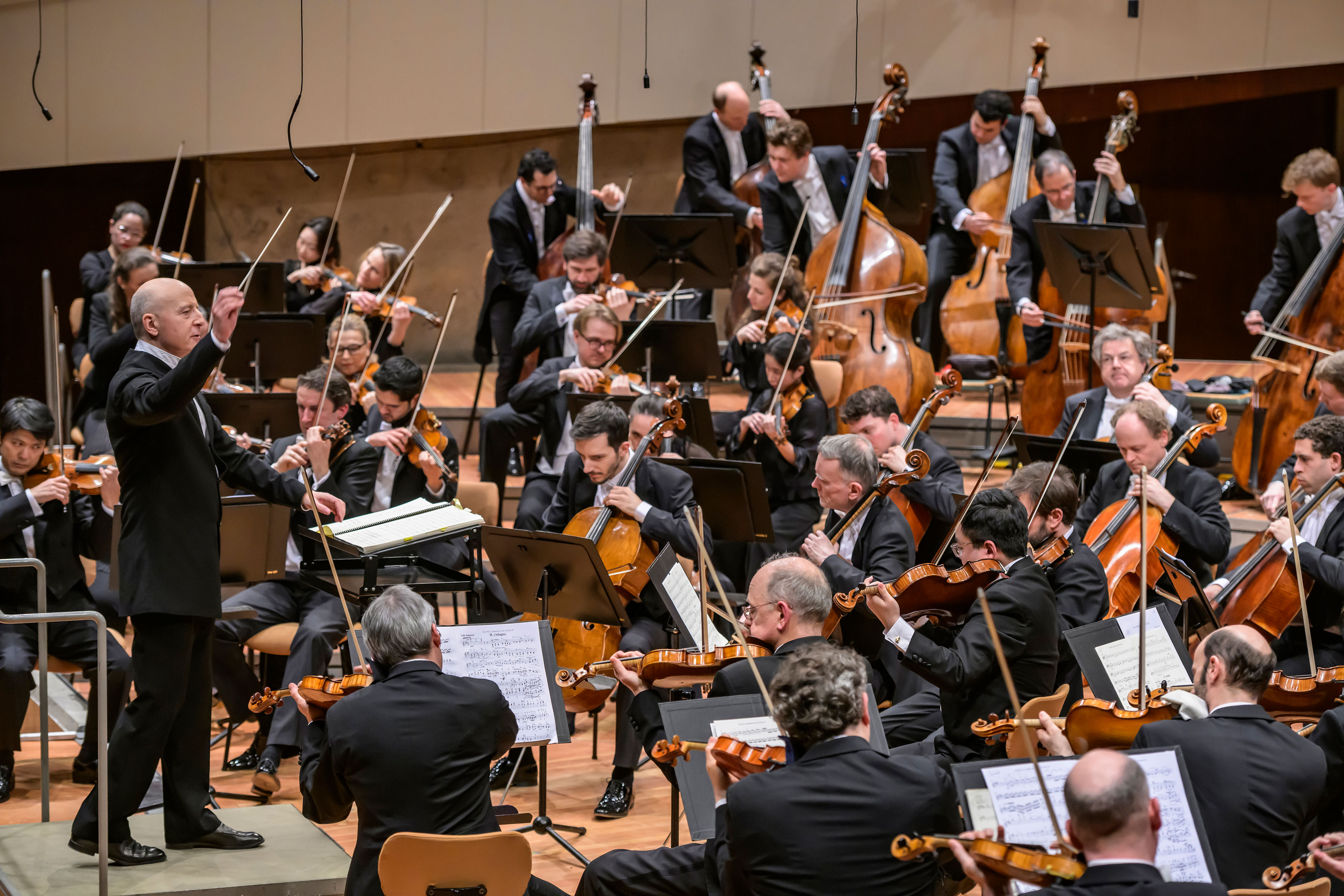 Ein Dirigent leitet ein vollbesetztes Sinfonieorchester, dessen Musiker auf der Bühne eines Konzertsaals Streichinstrumente wie Geigen, Celli und Kontrabässe spielen.