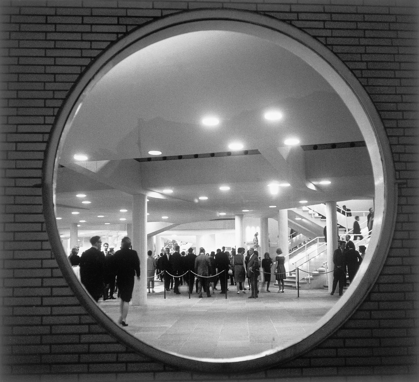 View through a round window into the Philharmonie.