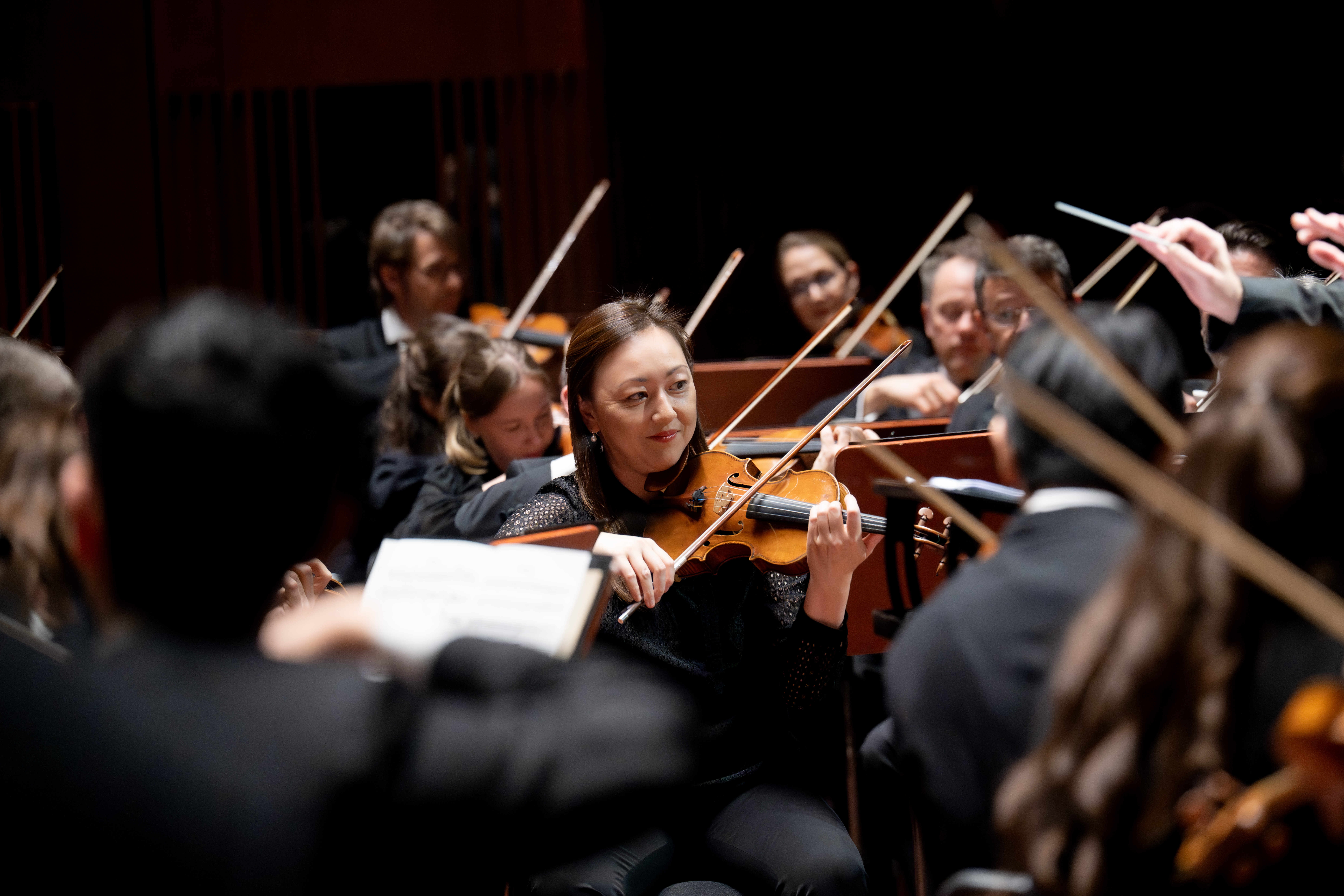 Eine Gruppe von formell gekleideten Musikern spielt Geigen und andere Streichinstrumente in einem Orchester während einer Live-Aufführung auf der Bühne.