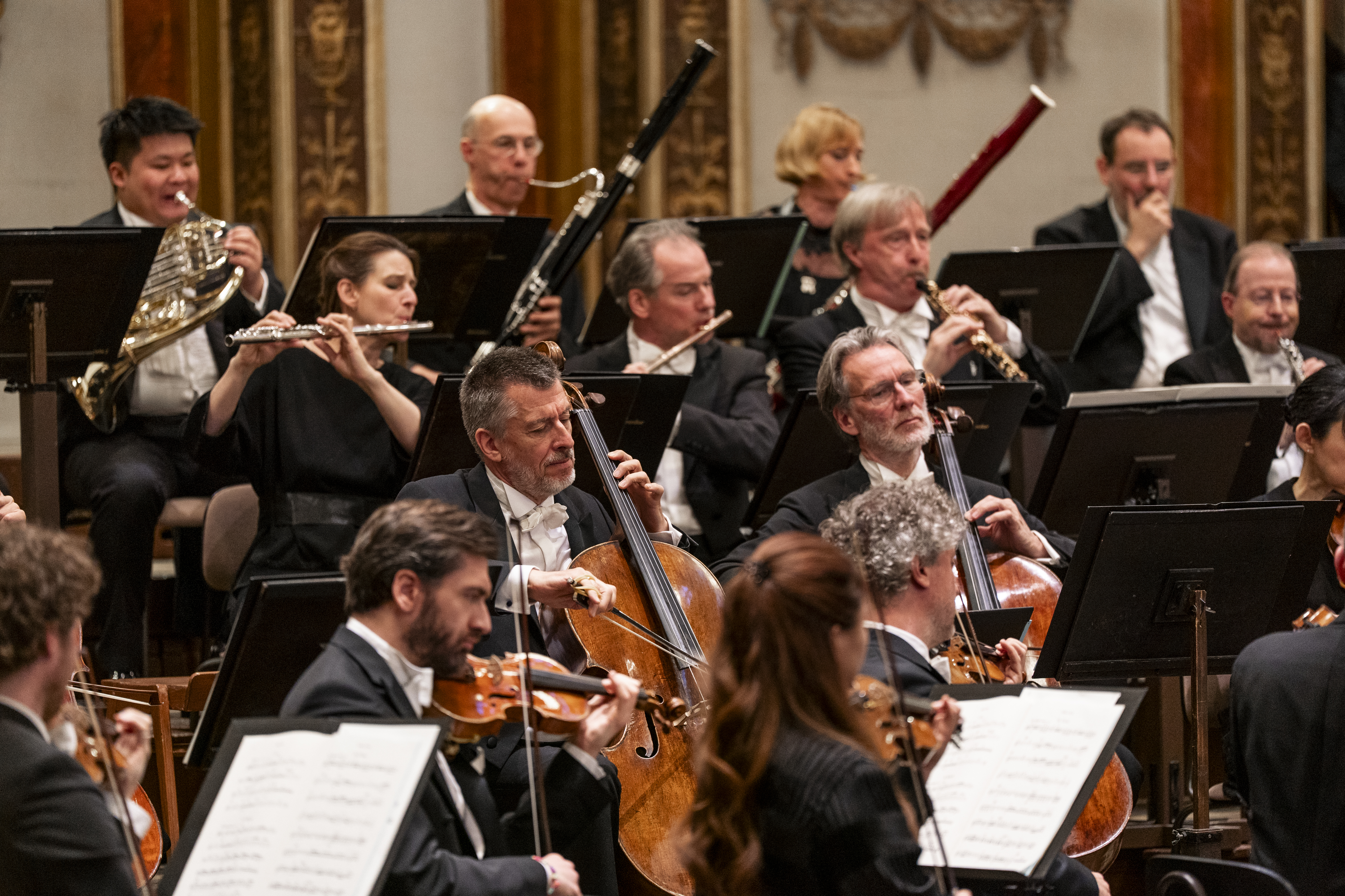 Detailaufnahme des Orchesters während der Aufführung. Im Fokus stehen die Cellisten und Holzbläser (Flöten, Oboen), die konzentriert spielen. Die warme Beleuchtung hebt die Holztexturen der Instrumente und die festliche Kleidung der Musiker hervor.