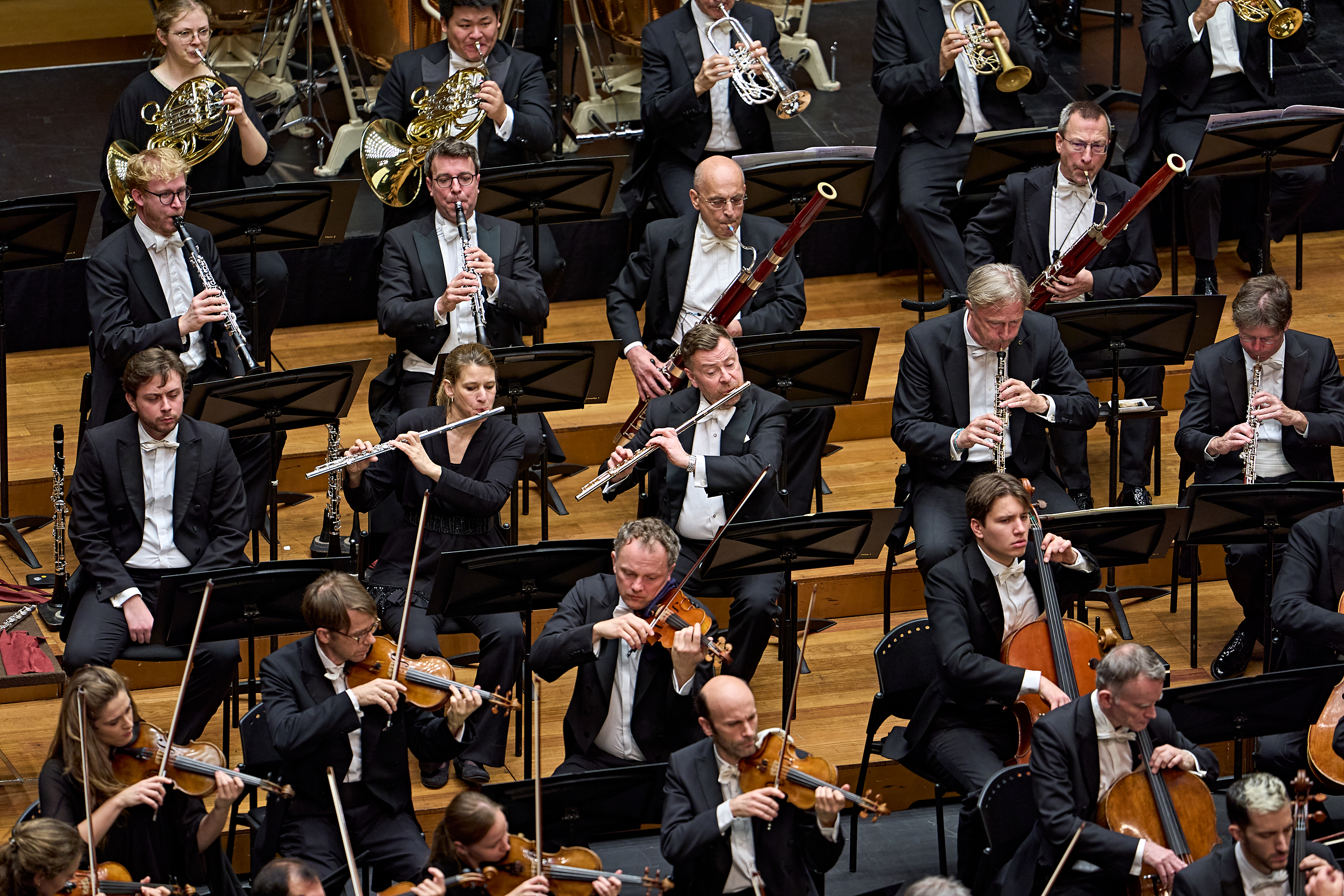 Ein Orchester, das auf einer Bühne auftritt, mit Musikern, die Violine, Cello, Holzblasinstrumente und Blechblasinstrumente spielen.