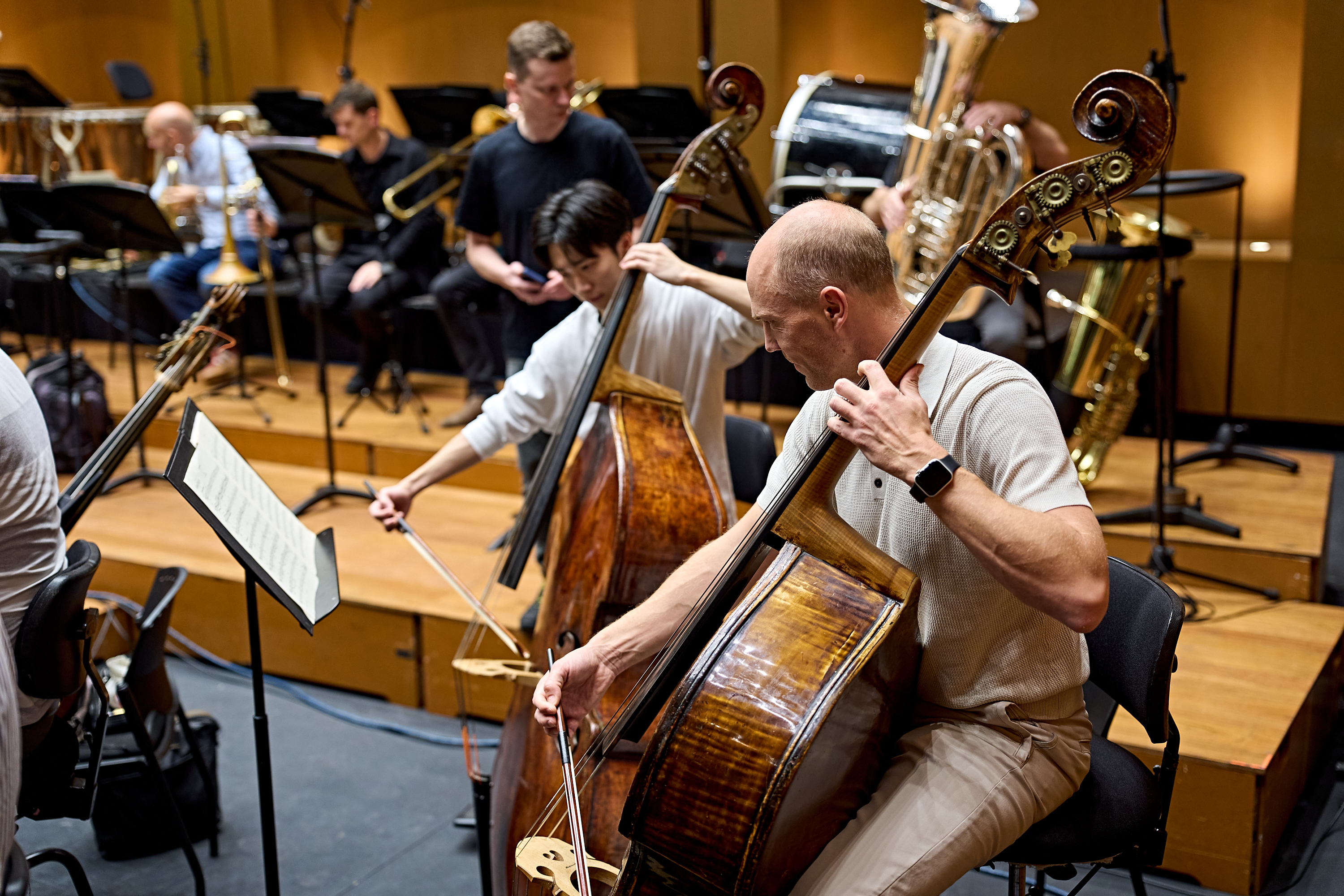Zwei Kontrabassisten spielen in einem Orchester, während andere Musiker im Hintergrund spielen.
