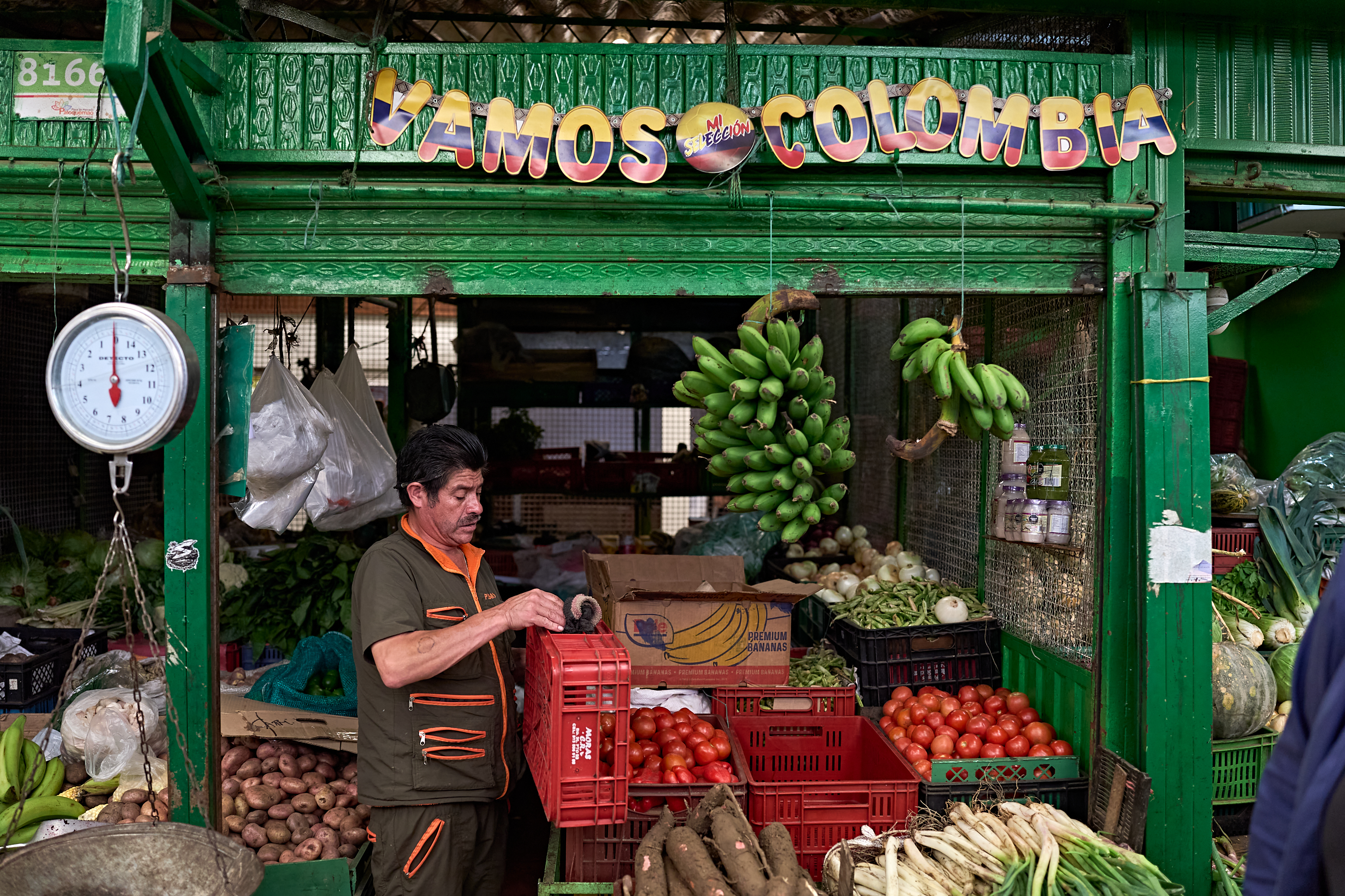 Ein Verkäufer in grüner Uniform sortiert rote Tomaten an einem Obst- und Gemüsestand, der mit einem Vamos Colombia-Schild gekennzeichnet ist.