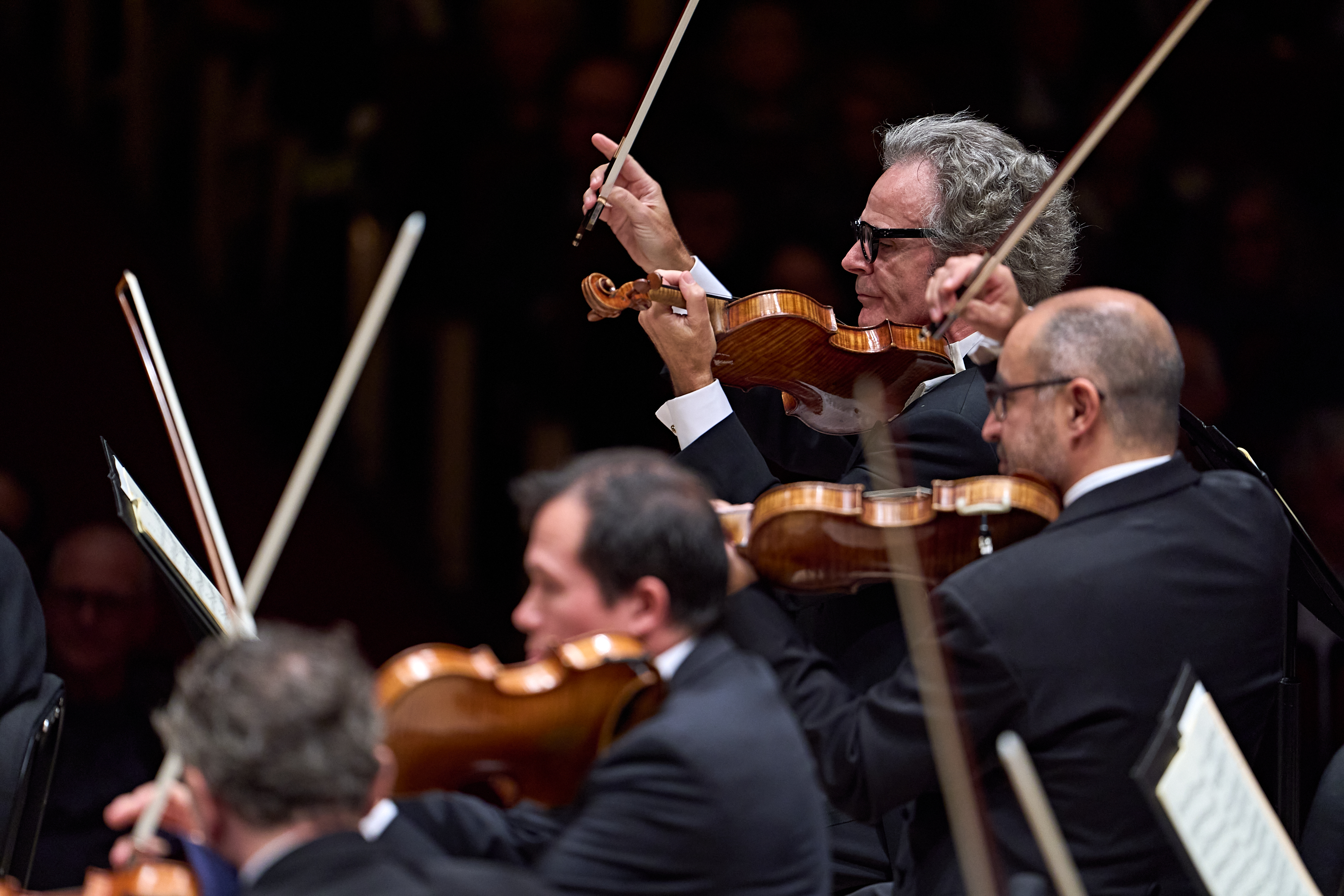 Ein Geiger in Anzug und Brille spielt während eines Orchesterkonzerts.