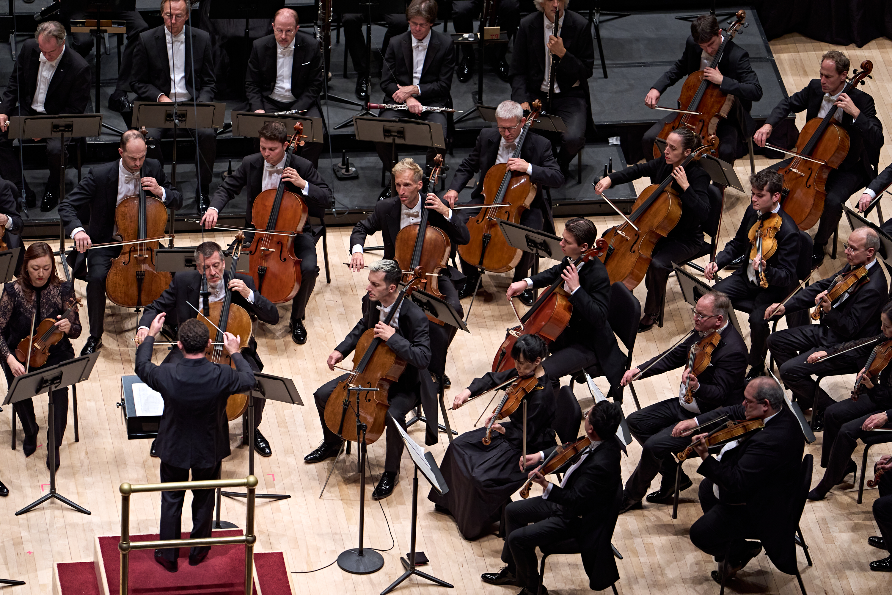 Ein Dirigent steht auf einem Podium und blickt auf ein Orchester aus Streichern, wobei auf einer hölzernen Bühne Celli, Bratschen und Geigen zu sehen sind.