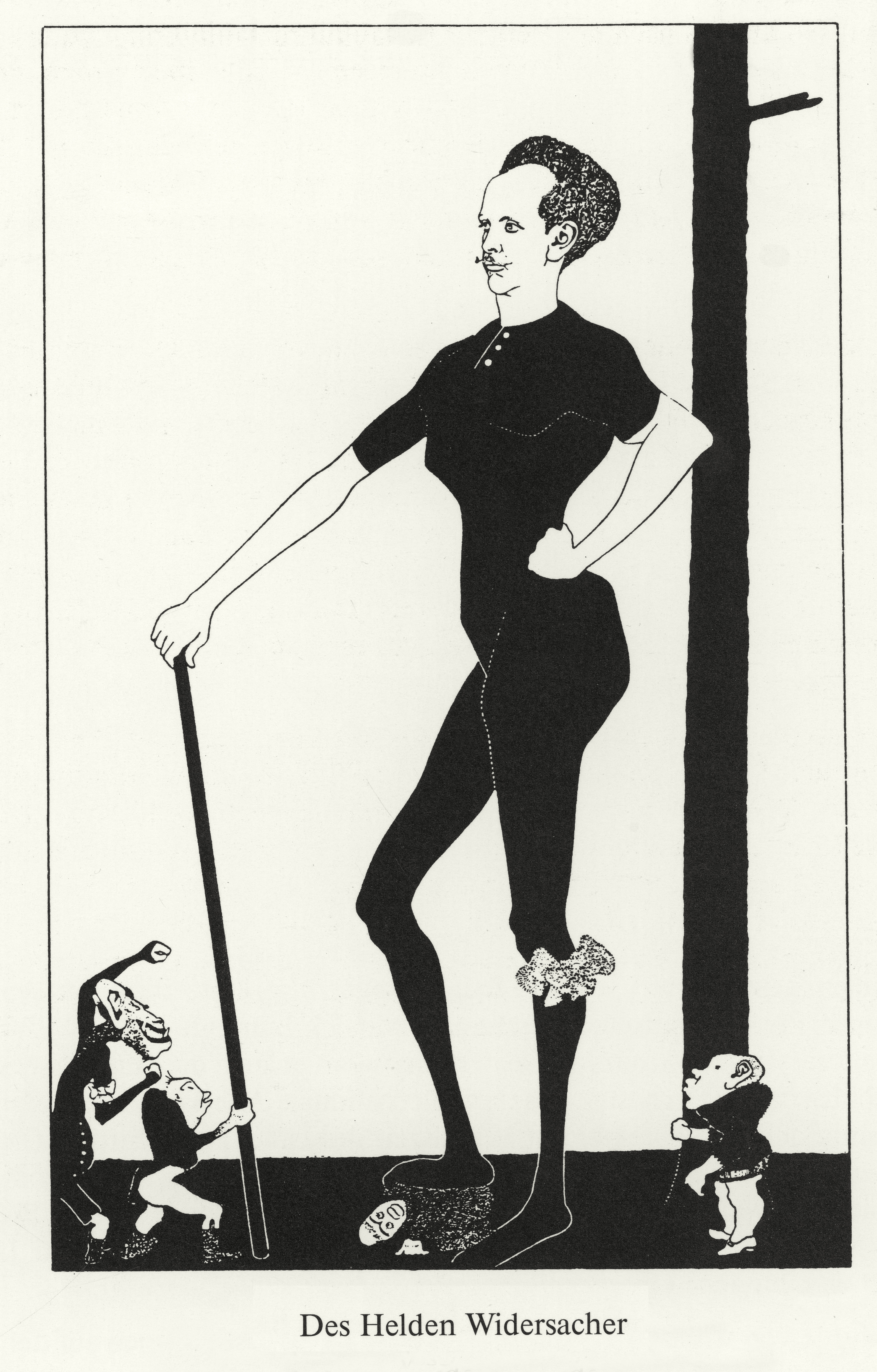 Zeichnung von einem übergroßen Richard Strauss mit Strumpfband und Gehstock, kleine Männchen um ihn herum
