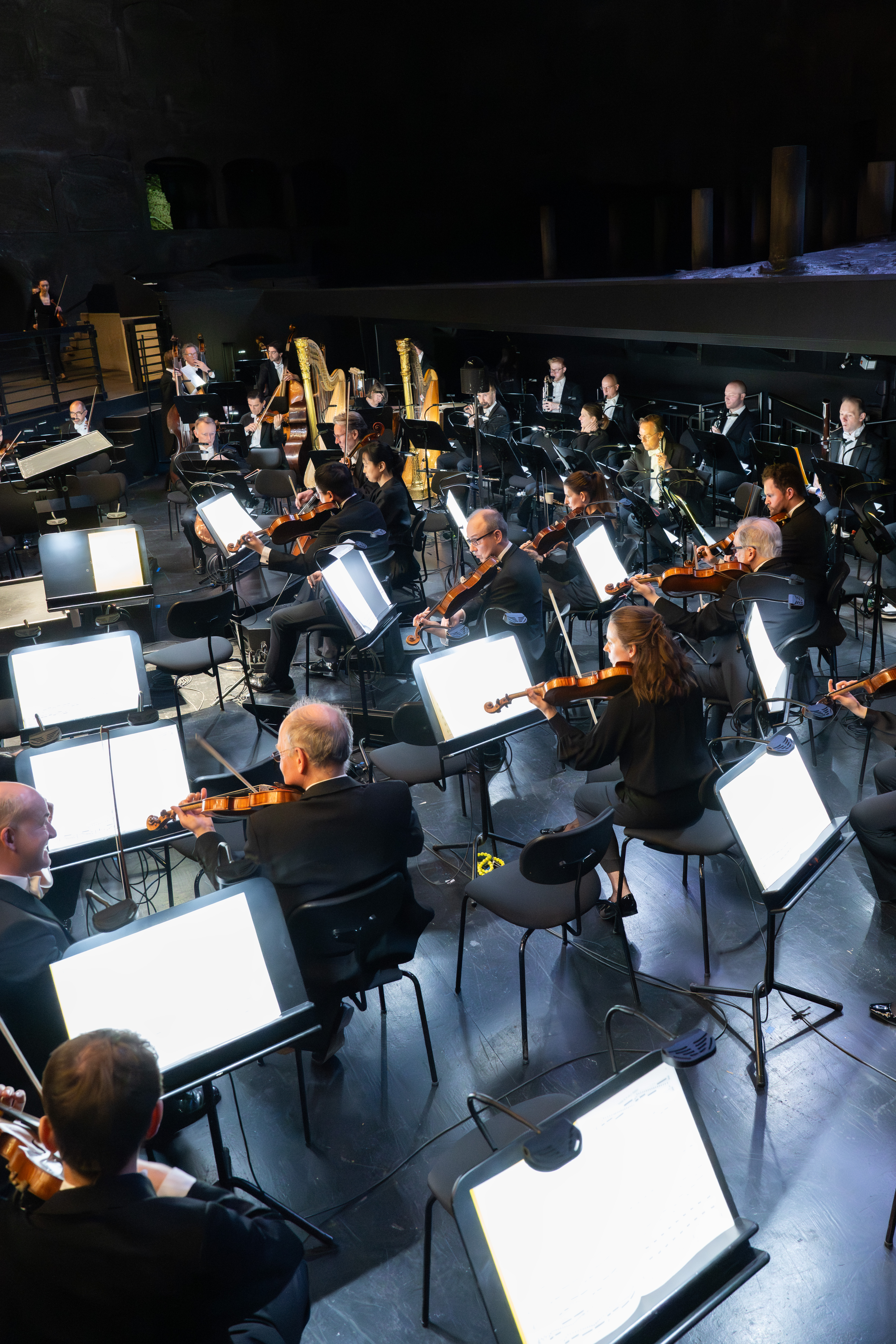 Musiker*innen im Orchestergraben, die Streich-, Blech- und Blasinstrumente spielen. Ihre Notenständer sind beleuchtet und bilden einen hellen Kontrast zum dunklen Hintergrund.