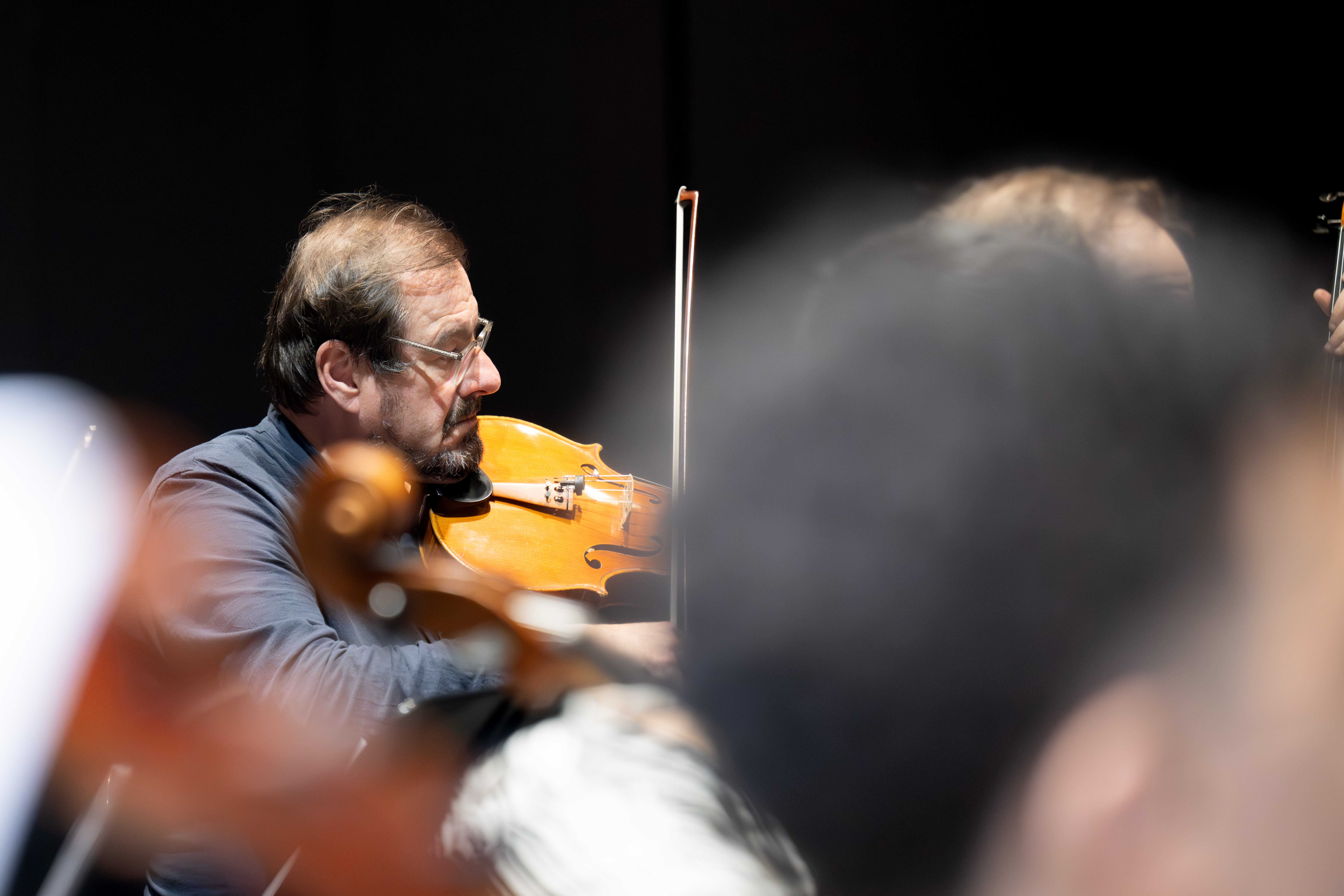 Martin Stegner spielt Bratsche in einem Orchester und konzentriert sich auf sein Spiel. Der Hintergrund und der Vordergrund sind unscharf und heben den Musiker im Bühnenlicht hervor.