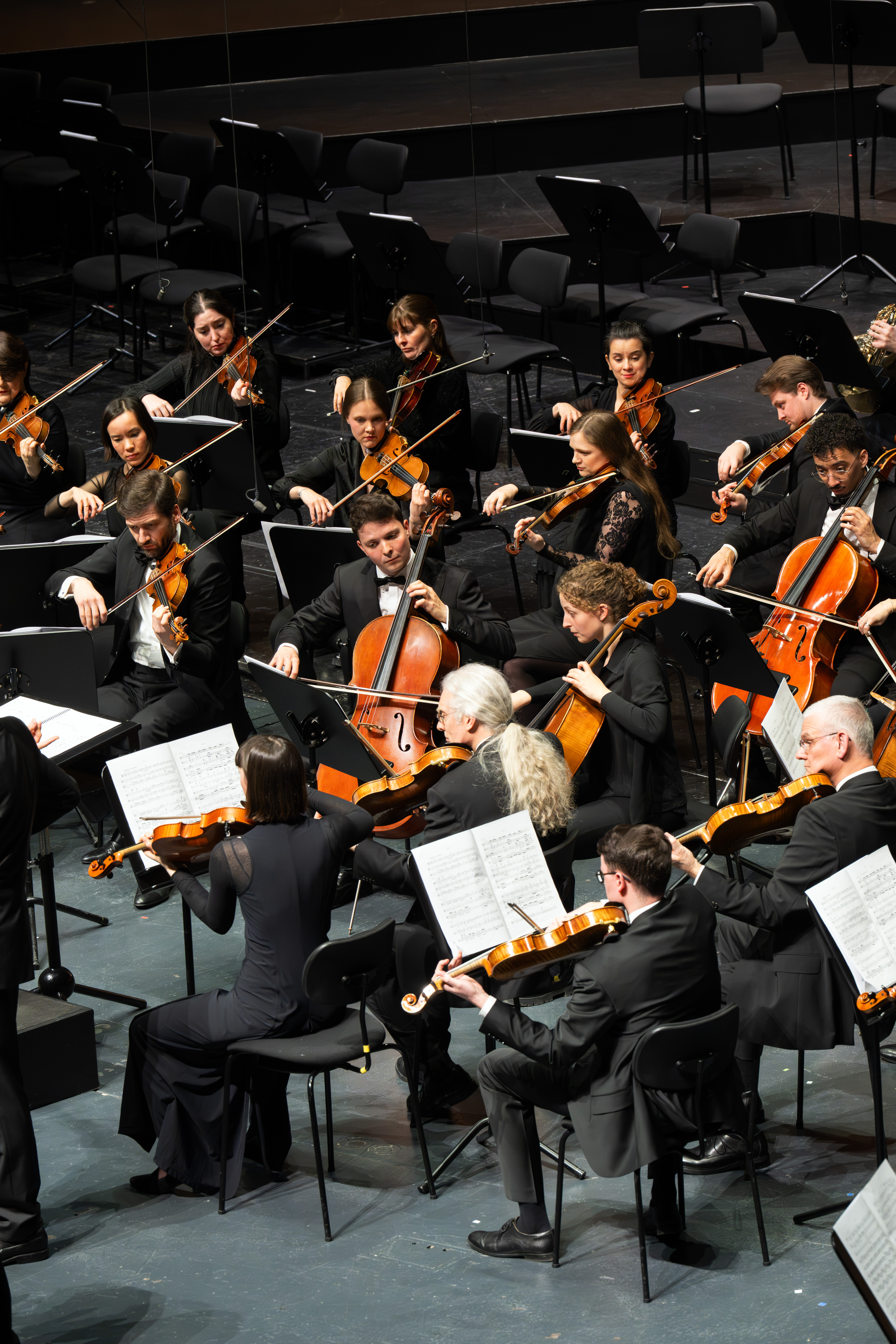 Auf der Bühne spielt ein Symphonieorchester mit Musikern, die Geigen, Celli und andere Streichinstrumente spielen, alle in formeller schwarzer Kleidung und konzentriert auf ihre Notenblätter.