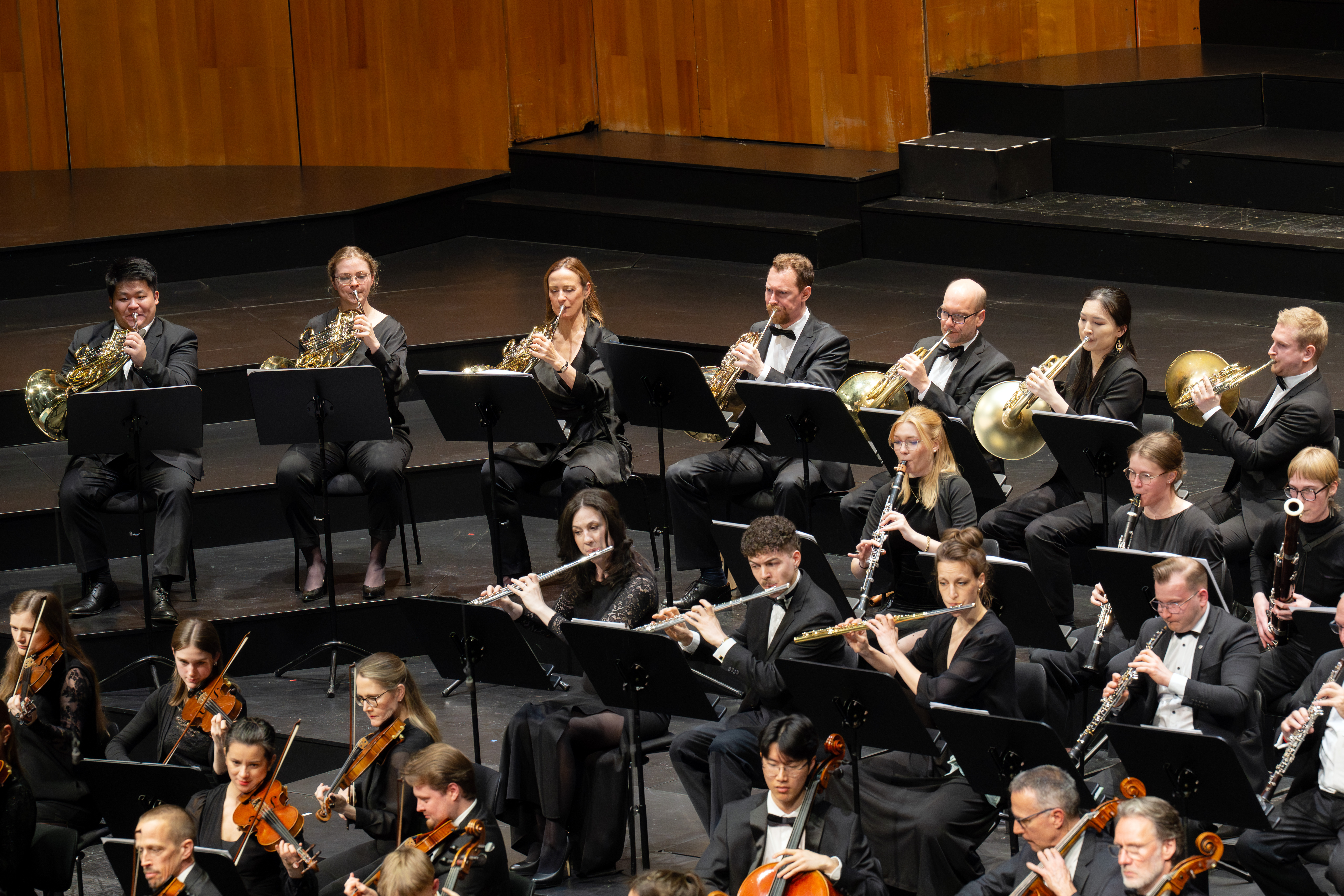 Ein Orchester spielt auf der Bühne; Musiker spielen Waldhörner, Flöten und Geigen, alle in formeller schwarzer Kleidung, vor einer Holzverkleidung und schwarzen Rängen.