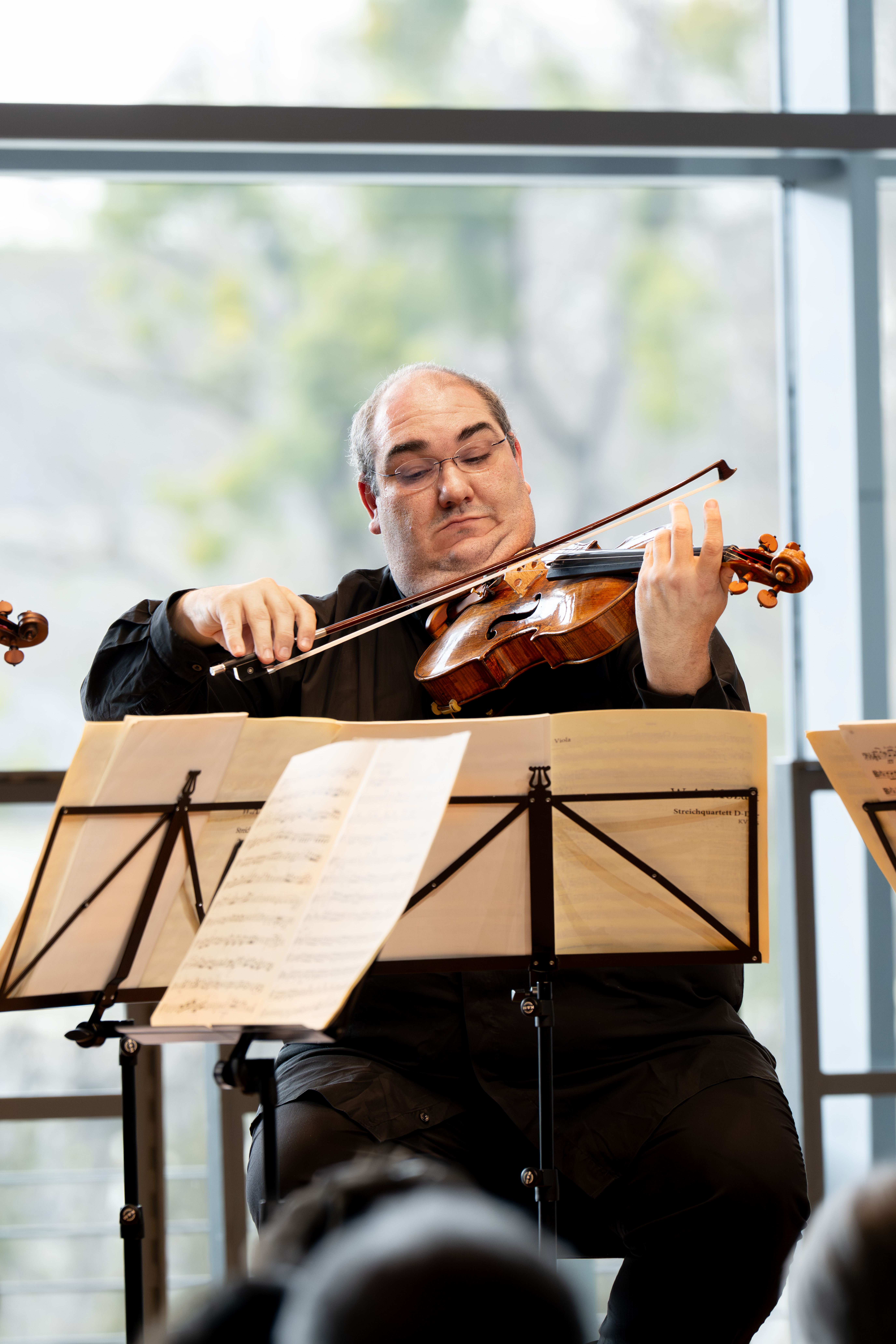 Ein Mann spielt auf einer Bratsche vor einem Notenständer mit Notenblättern. Er sitzt drinnen vor großen Fenstern, während draußen das Grün verschwimmt.