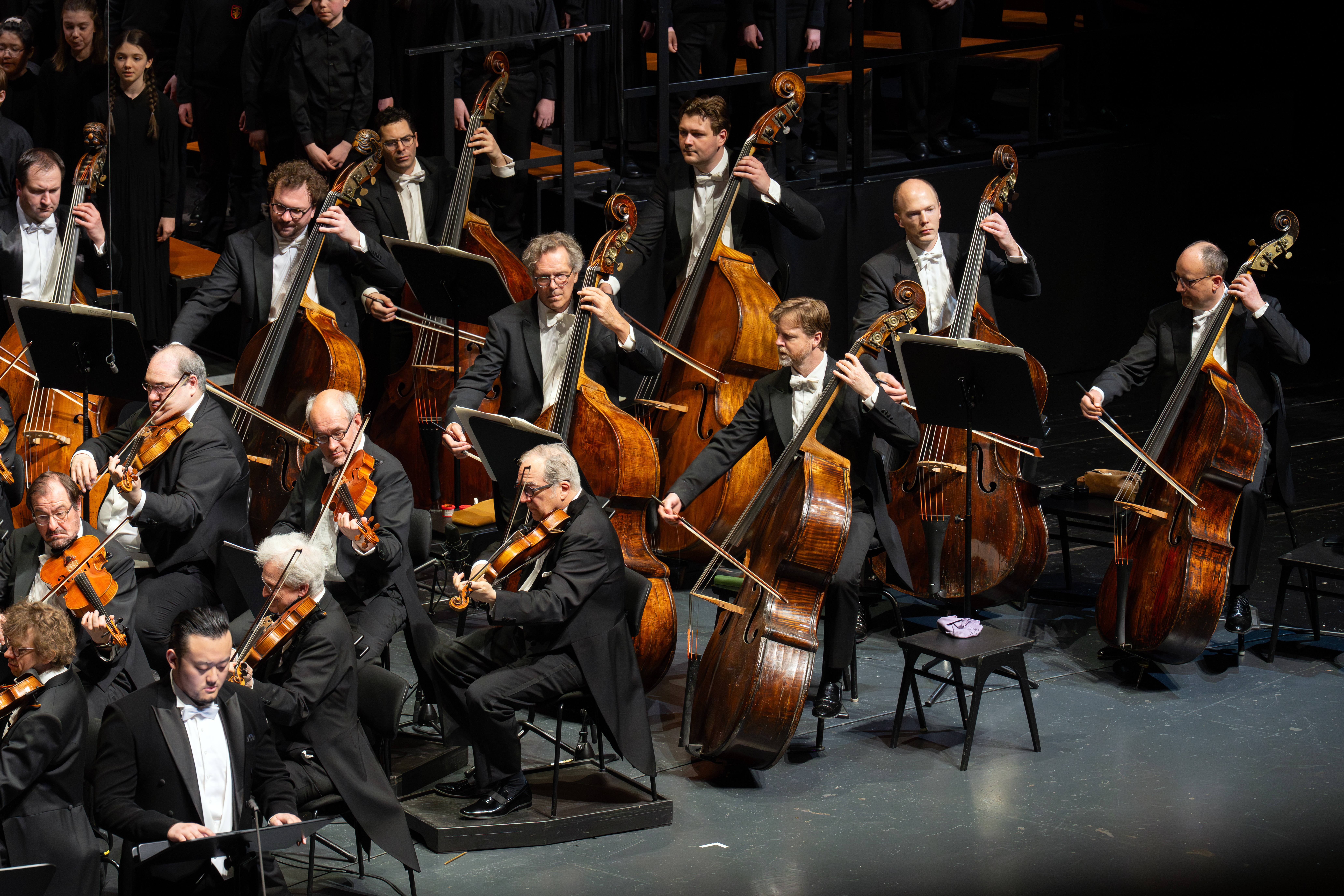 Eine Gruppe von Musikern in schwarzen Smokings spielt Kontrabässe und Celli während einer klassischen Orchesteraufführung auf der Bühne, mit Notenständern vor ihnen.