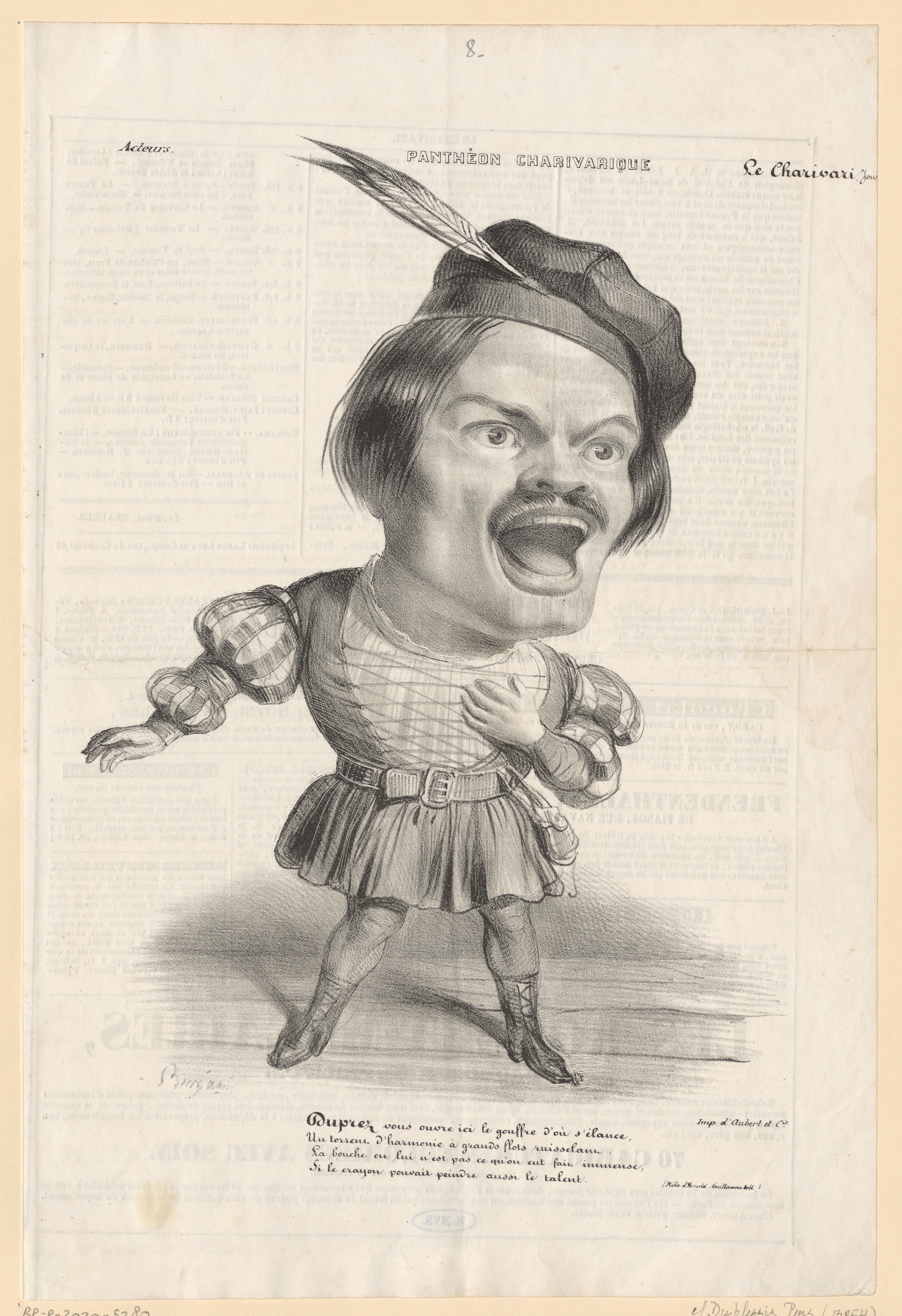 A caricature of a man in Renaissance-style clothing with an exaggerated large head, open mouth, and a feathered cap, standing with one arm bent and mouth open as if shouting.