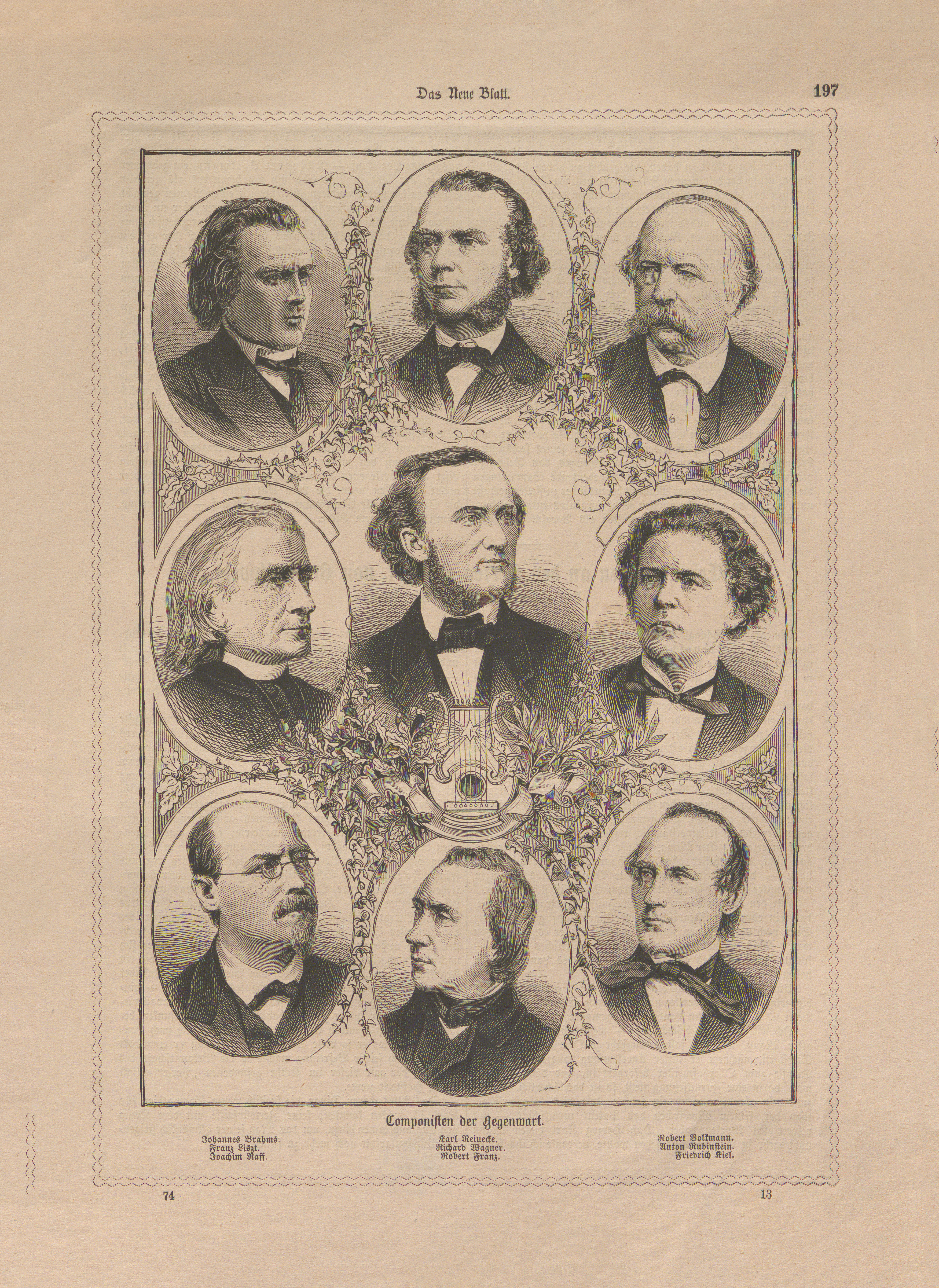 Eine alte Illustration zeigt Porträts von acht Komponisten, die um einen zentralen Komponisten herum angeordnet sind, alle in formeller Kleidung, mit dekorativen Blumenmustern und deutschem Text auf der ganzen Seite.