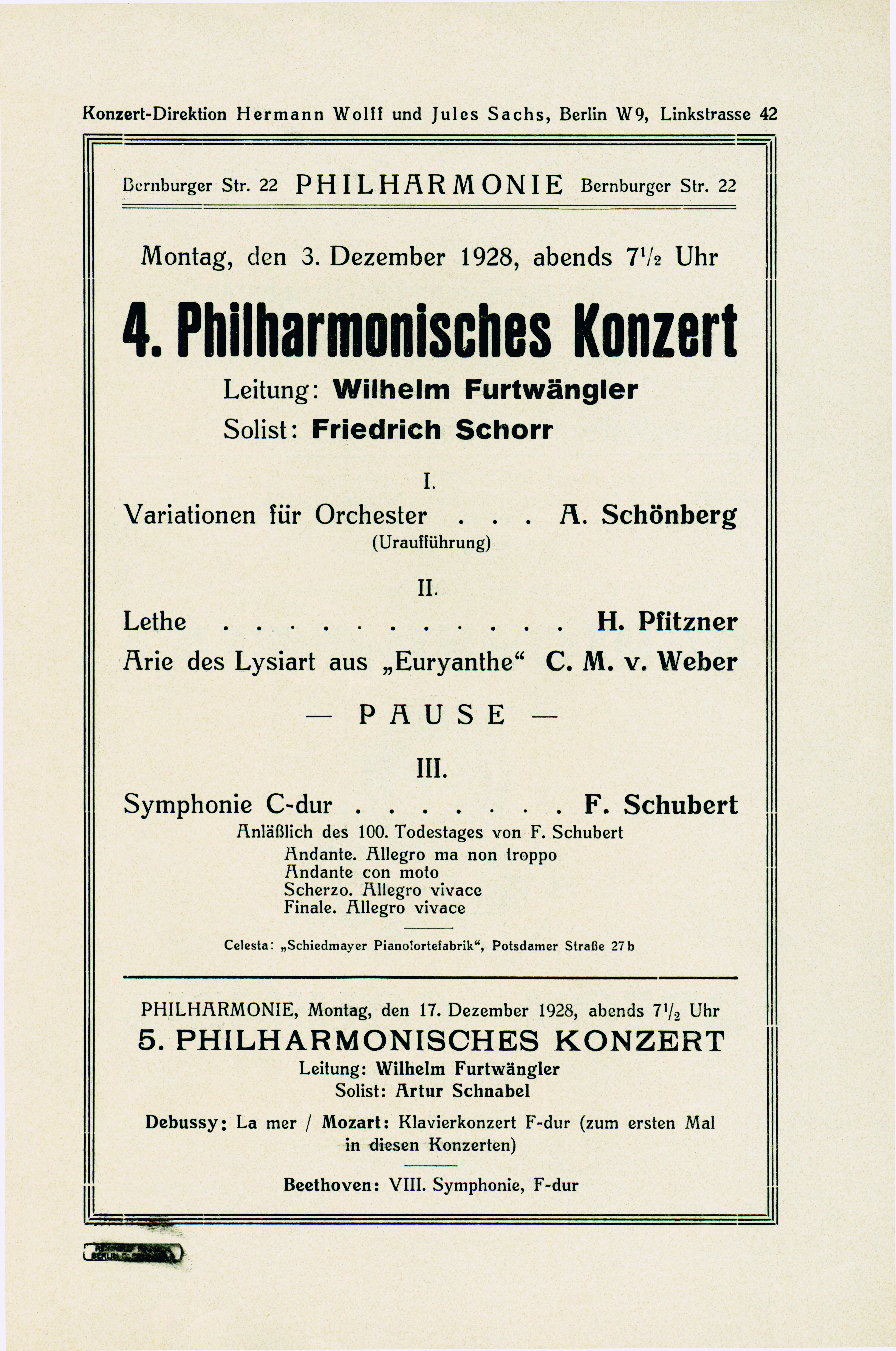 Ein Programmzettel eines Schönberg-Konzertes bei den Berliner Philharmonikern.