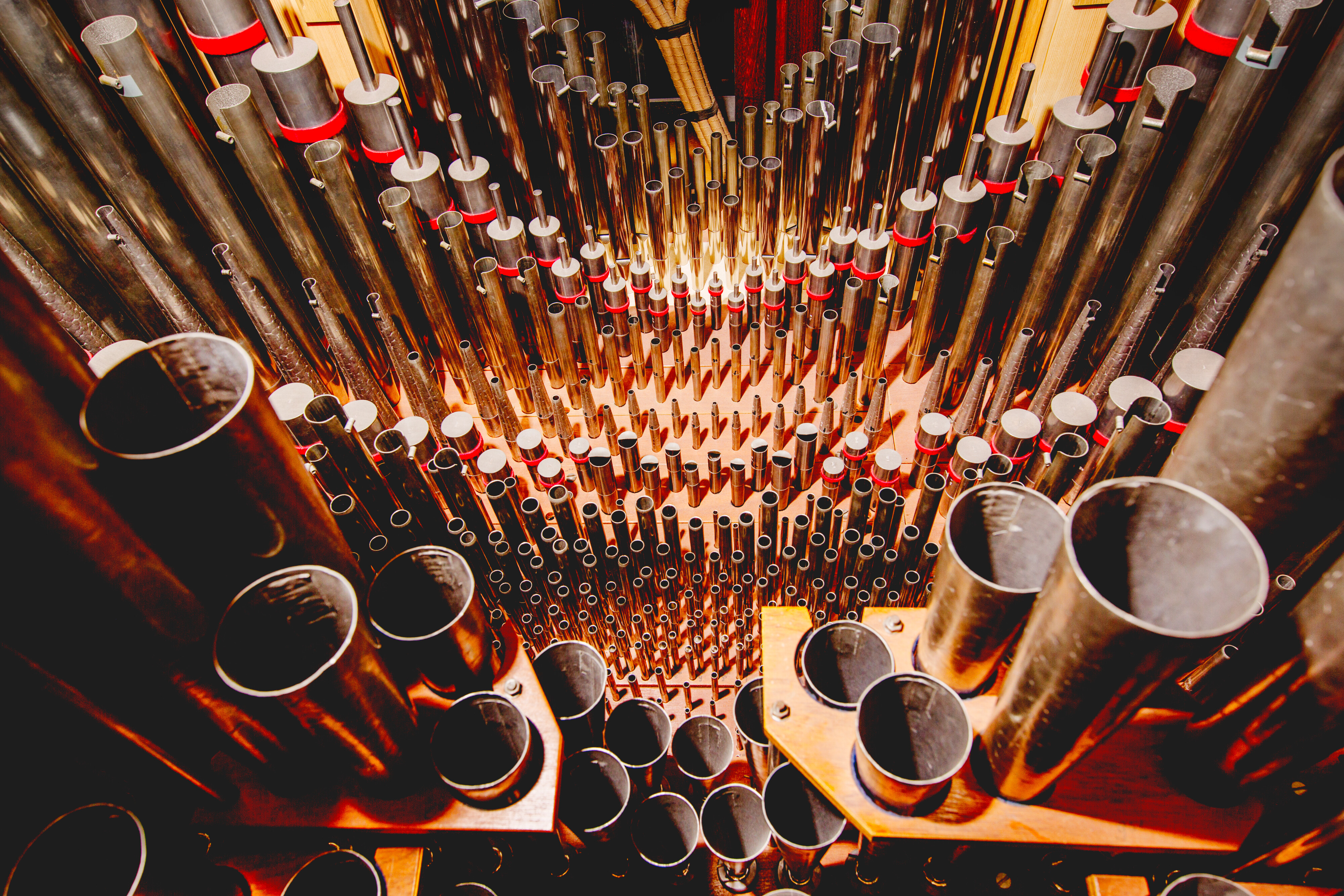 Eine Reihe von Orgelpfeifen unterschiedlicher Größe, von oben betrachtet, im Inneren einer Pfeifenorgel, mit Metallzylindern, die warmes, goldenes Licht reflektieren.