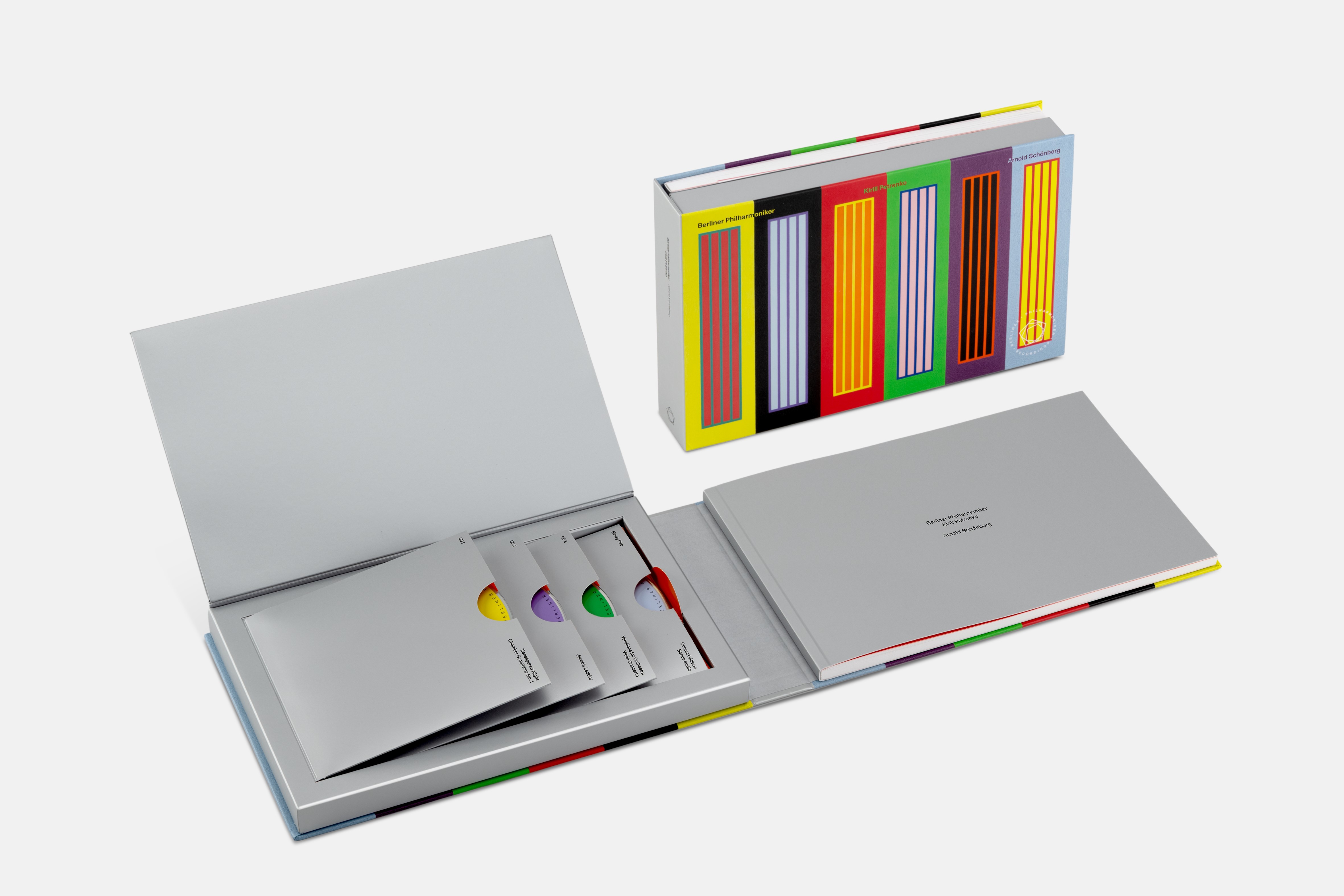 The open edition box with three grey CD tabs. Behind it, you can see the sleeve with colourful stripes.